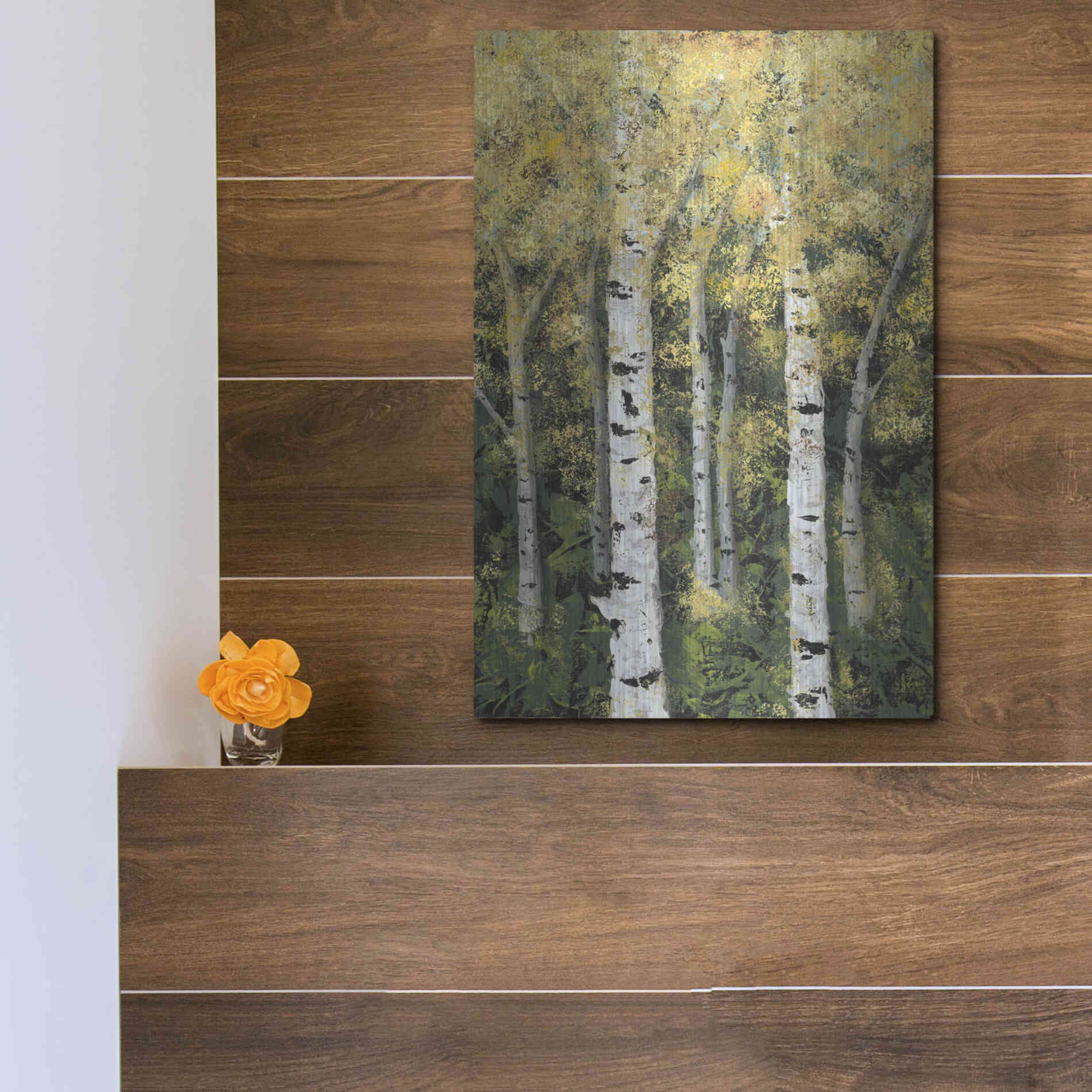 Luxe Metal Art 'Birch Treeline II' by Jade Reynolds, Metal Wall Art,12x16