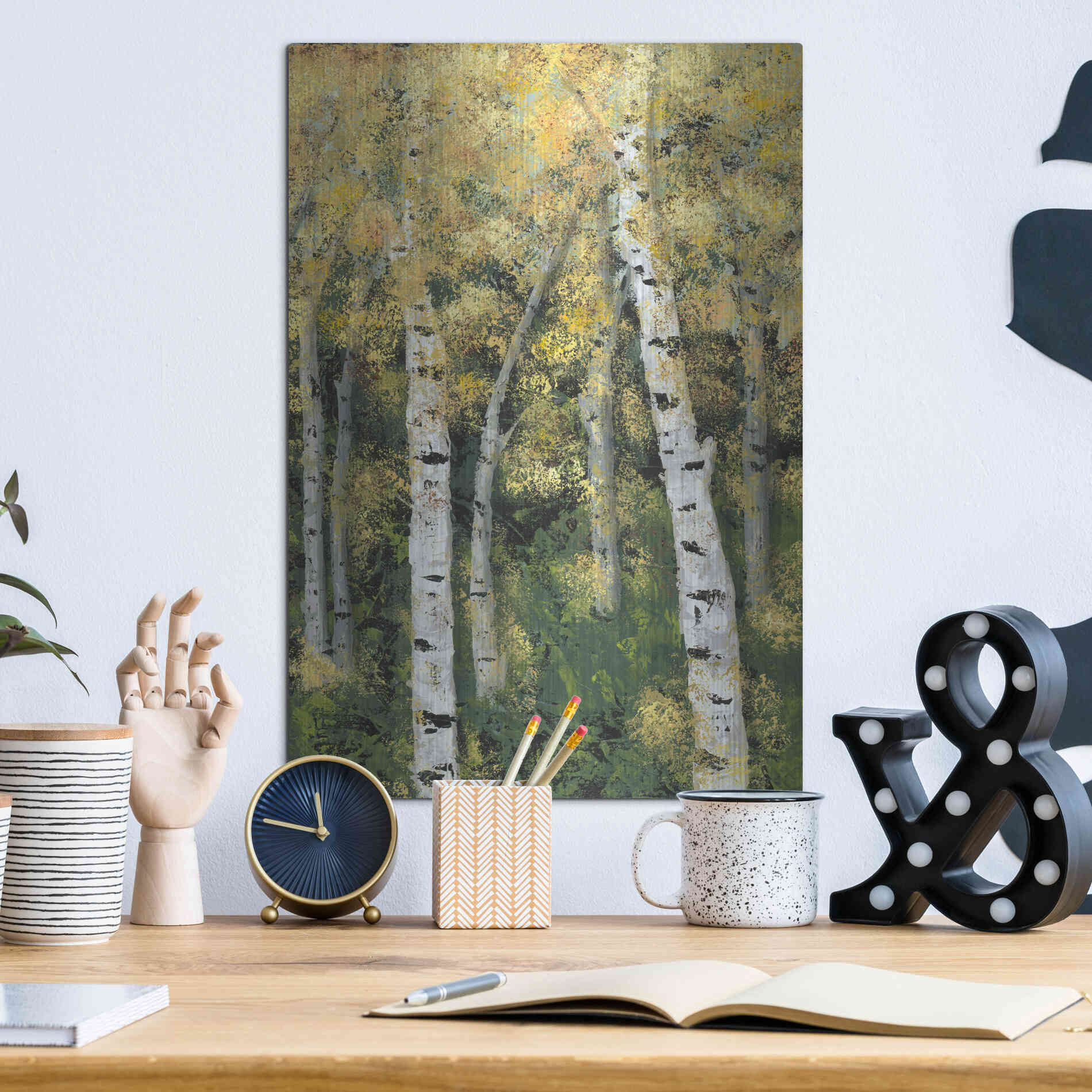 Luxe Metal Art 'Birch Treeline III' by Jade Reynolds, Metal Wall Art,12x16