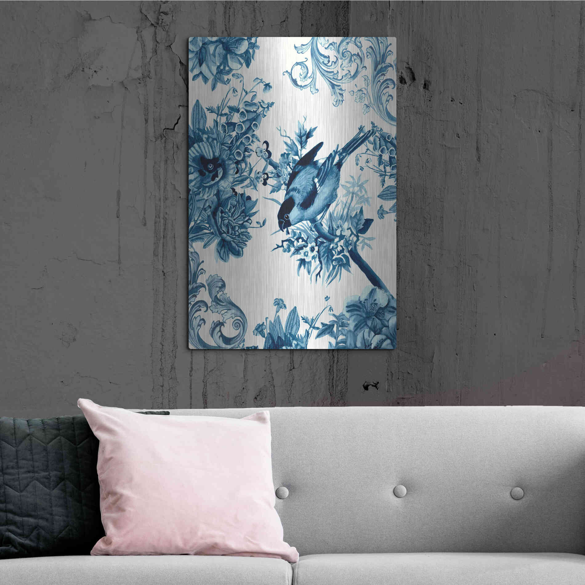 Luxe Metal Art 'Bird and Branch in Indigo I' by Naomi McCavitt, Metal Wall Art,24x36