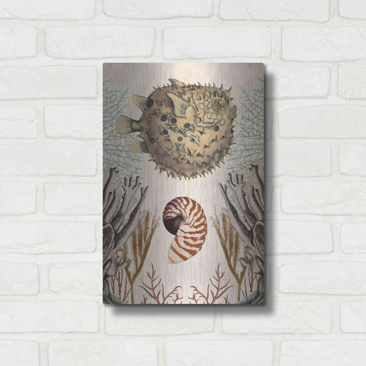 Luxe Metal Art 'Antiquarian Menagerie-Puffer Fish' by Naomi McCavitt, Metal Wall Art,12x16