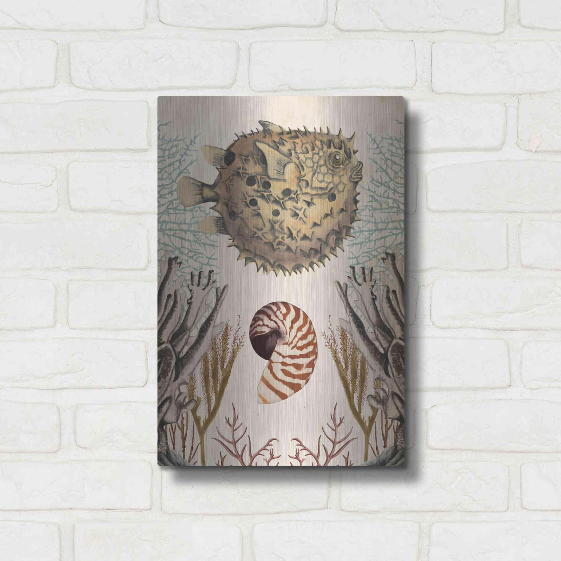 Luxe Metal Art 'Antiquarian Menagerie-Puffer Fish' by Naomi McCavitt, Metal Wall Art,12x16