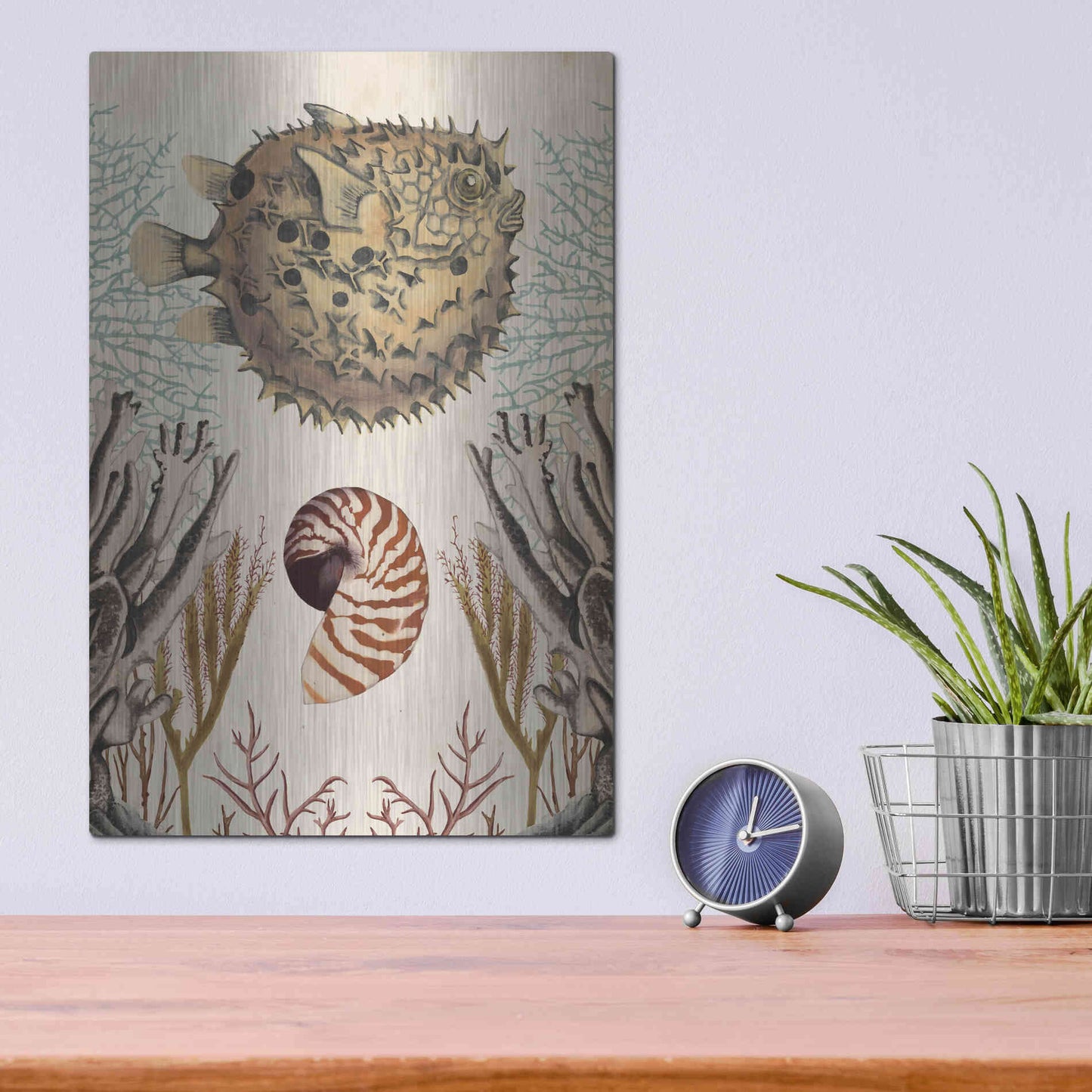 Luxe Metal Art 'Antiquarian Menagerie-Puffer Fish' by Naomi McCavitt, Metal Wall Art,12x16