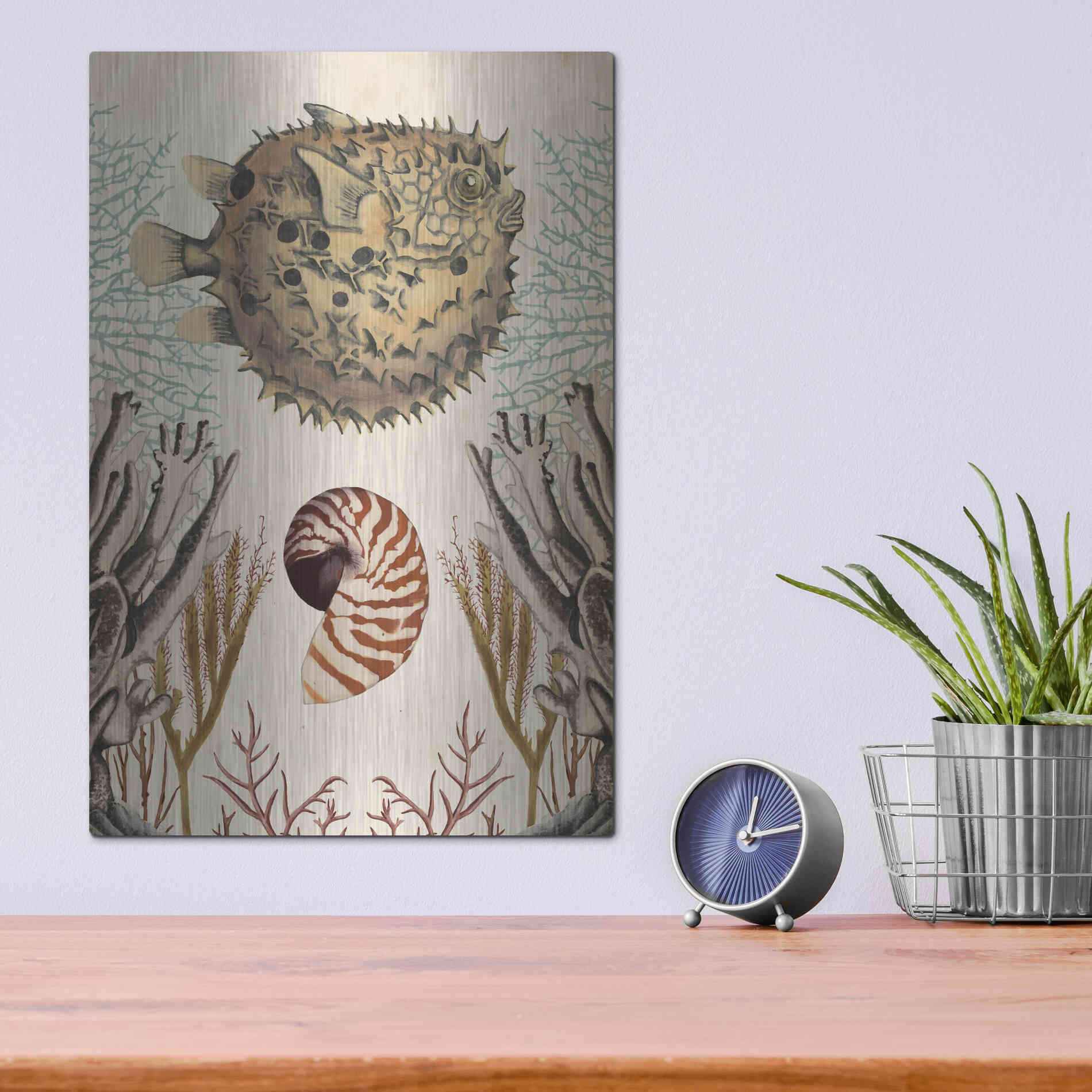 Luxe Metal Art 'Antiquarian Menagerie-Puffer Fish' by Naomi McCavitt, Metal Wall Art,12x16