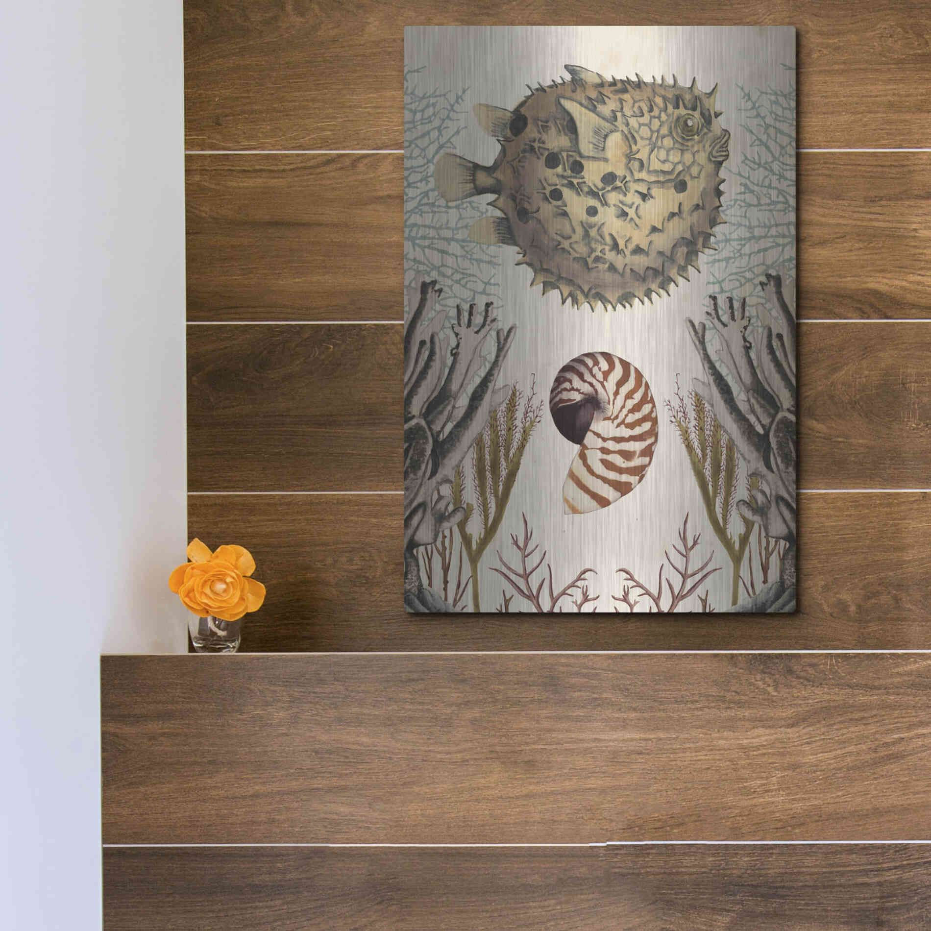 Luxe Metal Art 'Antiquarian Menagerie-Puffer Fish' by Naomi McCavitt, Metal Wall Art,12x16