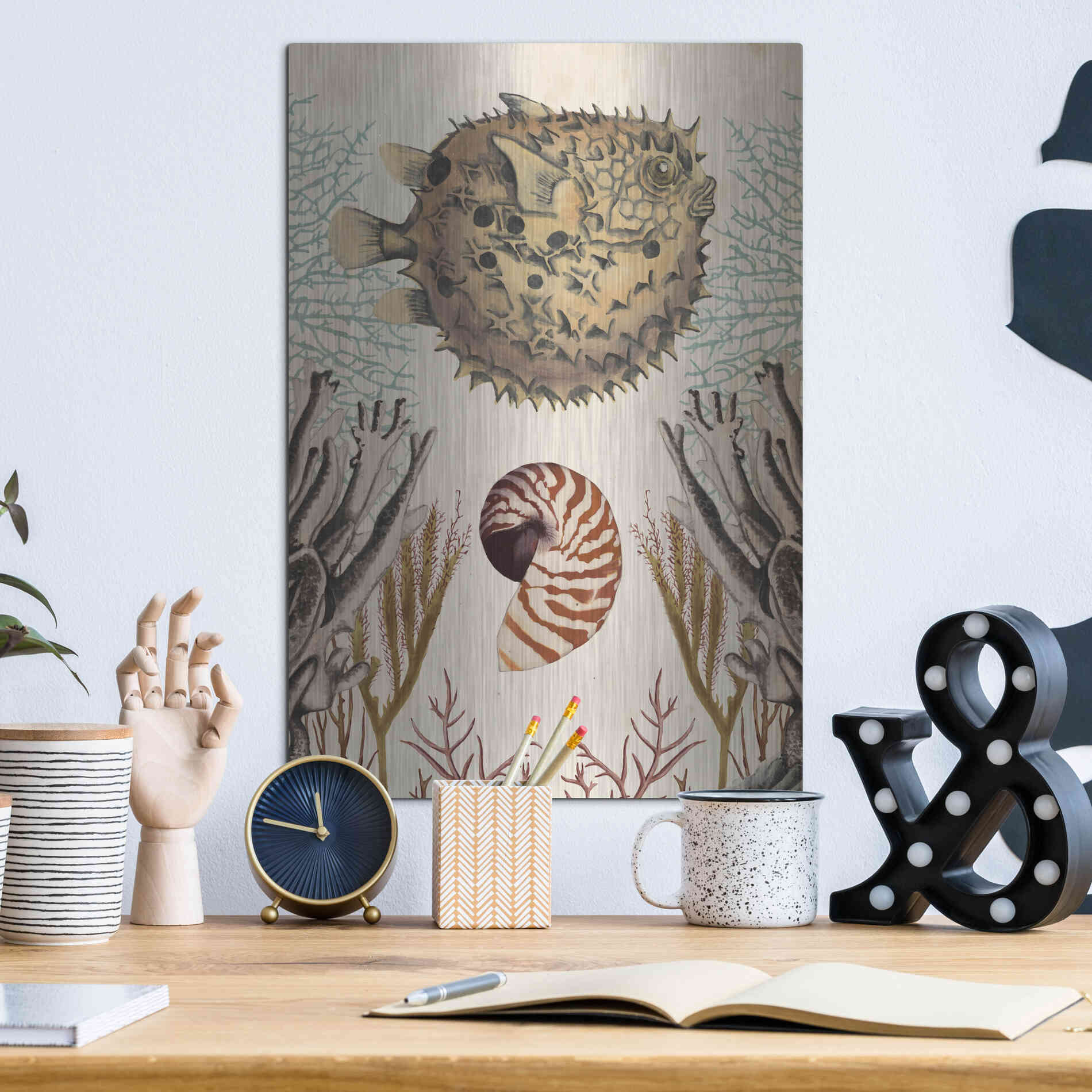 Luxe Metal Art 'Antiquarian Menagerie-Puffer Fish' by Naomi McCavitt, Metal Wall Art,12x16