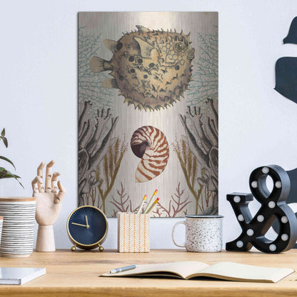 Luxe Metal Art 'Antiquarian Menagerie-Puffer Fish' by Naomi McCavitt, Metal Wall Art,12x16