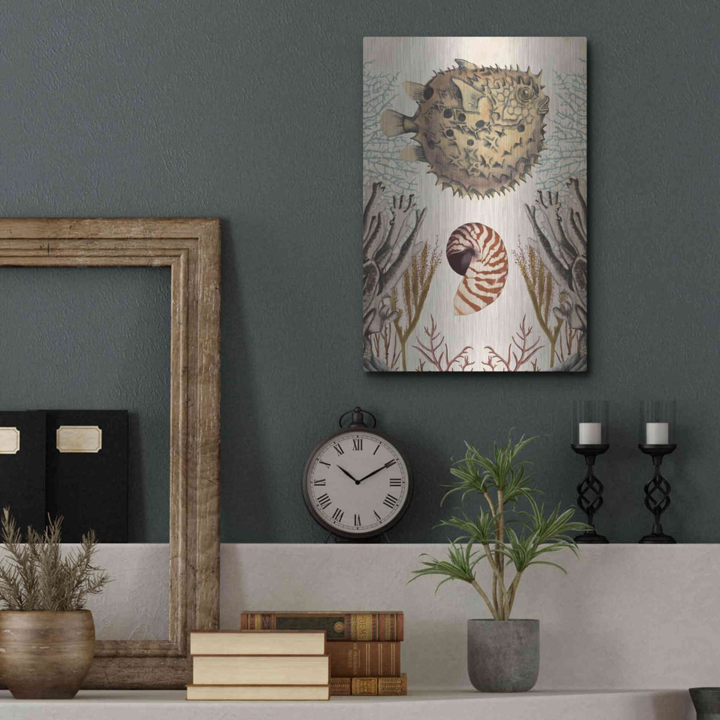 Luxe Metal Art 'Antiquarian Menagerie-Puffer Fish' by Naomi McCavitt, Metal Wall Art,12x16