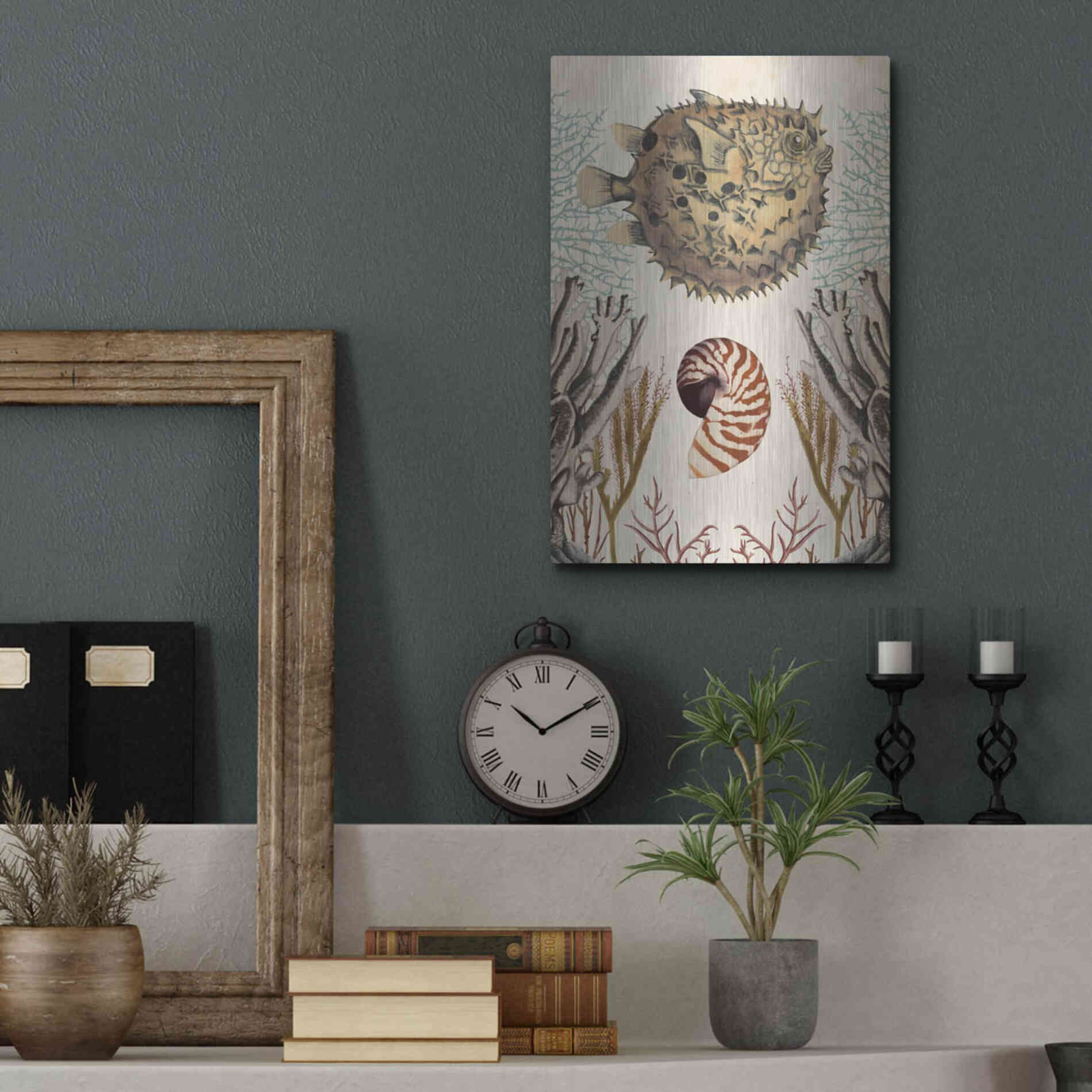 Luxe Metal Art 'Antiquarian Menagerie-Puffer Fish' by Naomi McCavitt, Metal Wall Art,12x16