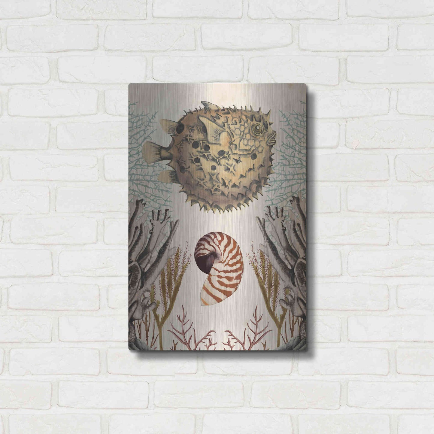 Luxe Metal Art 'Antiquarian Menagerie-Puffer Fish' by Naomi McCavitt, Metal Wall Art,16x24