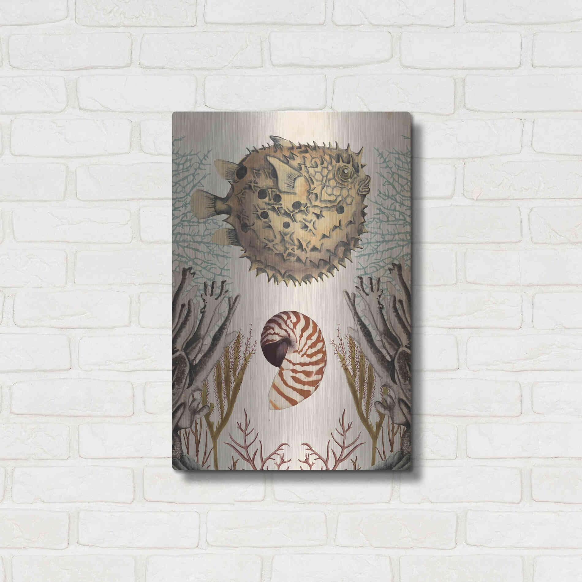 Luxe Metal Art 'Antiquarian Menagerie-Puffer Fish' by Naomi McCavitt, Metal Wall Art,16x24