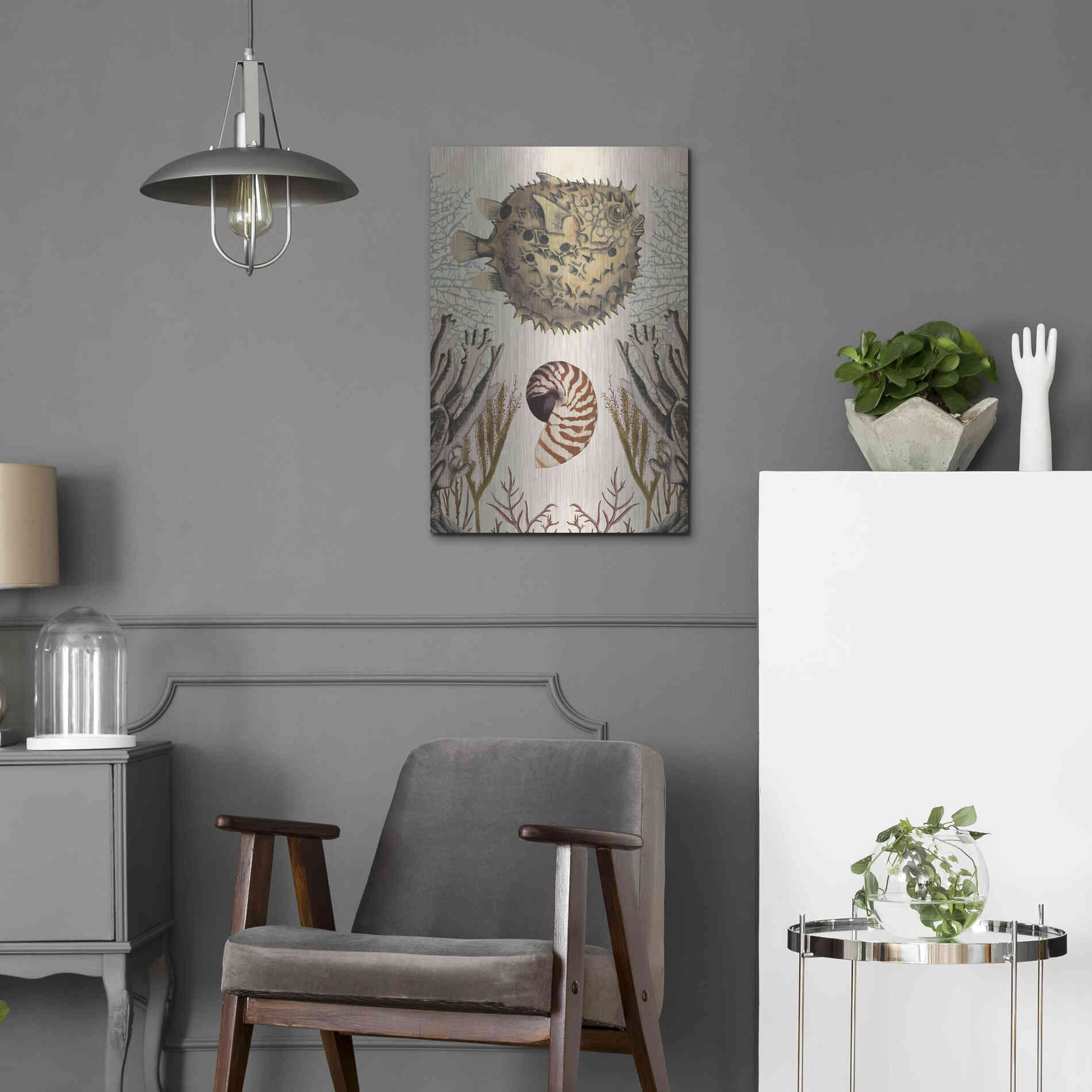 Luxe Metal Art 'Antiquarian Menagerie-Puffer Fish' by Naomi McCavitt, Metal Wall Art,16x24