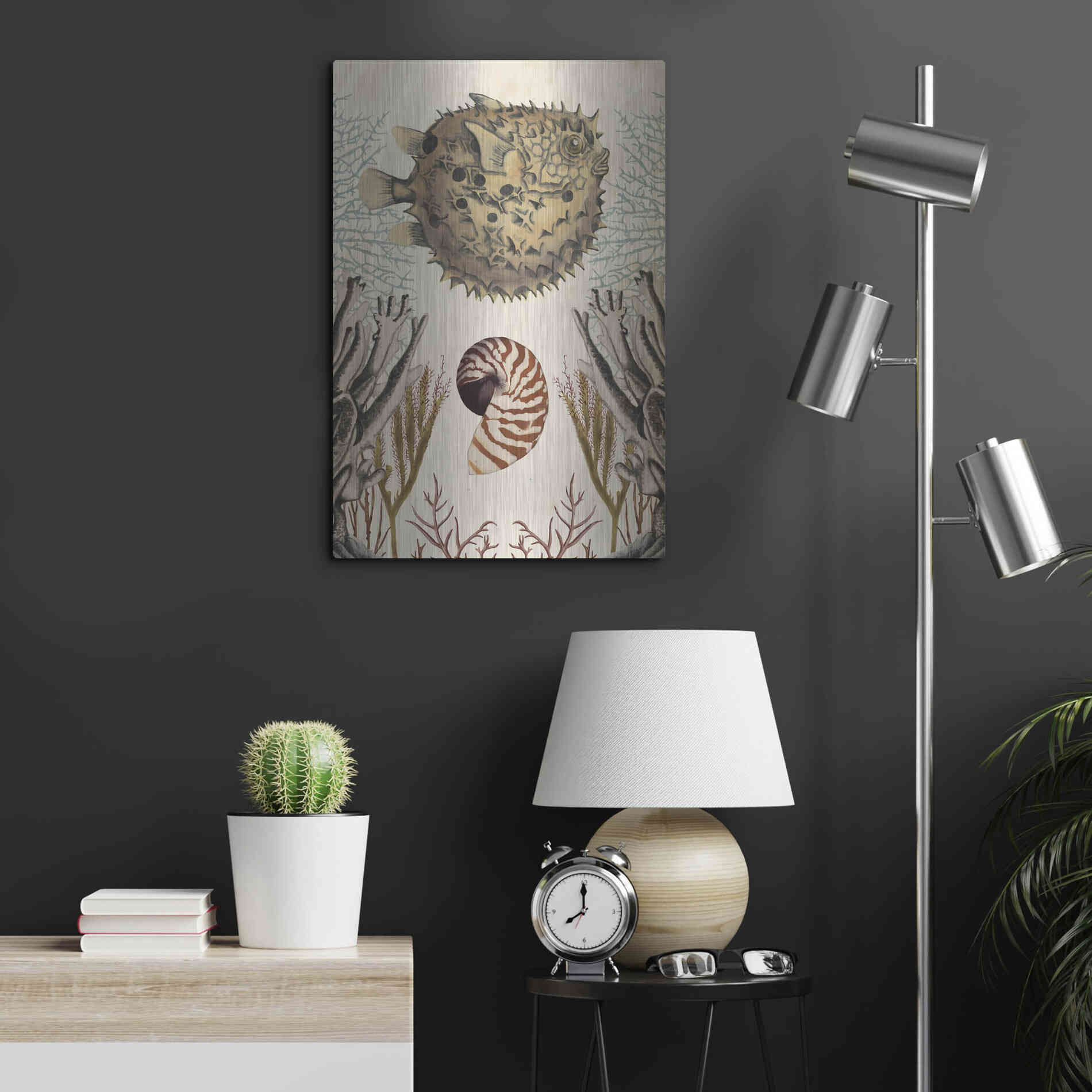 Luxe Metal Art 'Antiquarian Menagerie-Puffer Fish' by Naomi McCavitt, Metal Wall Art,16x24