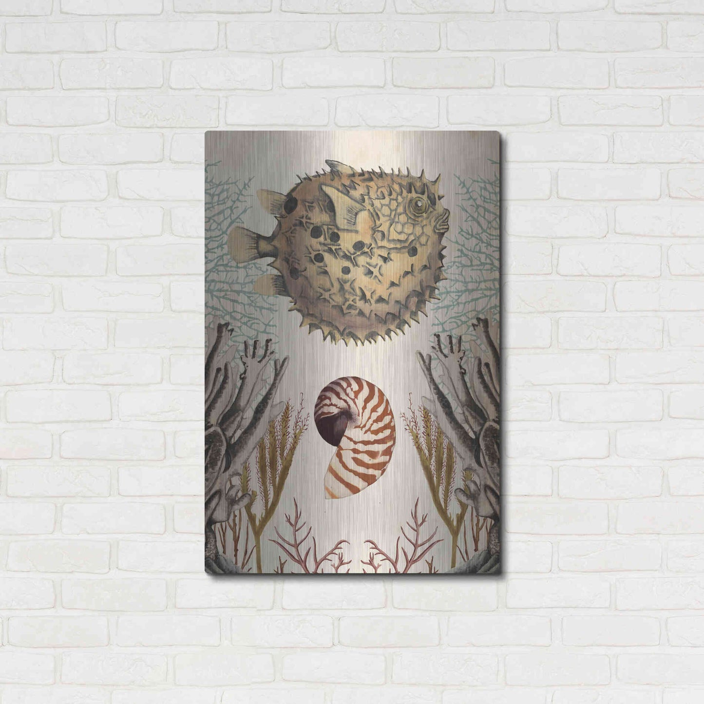 Luxe Metal Art 'Antiquarian Menagerie-Puffer Fish' by Naomi McCavitt, Metal Wall Art,24x36