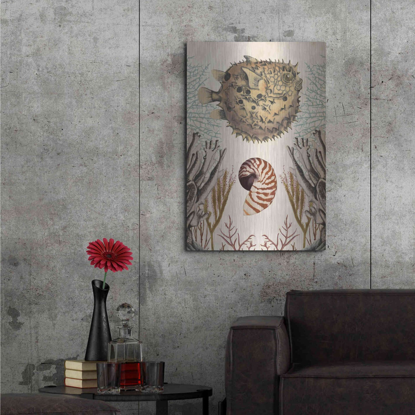 Luxe Metal Art 'Antiquarian Menagerie-Puffer Fish' by Naomi McCavitt, Metal Wall Art,24x36