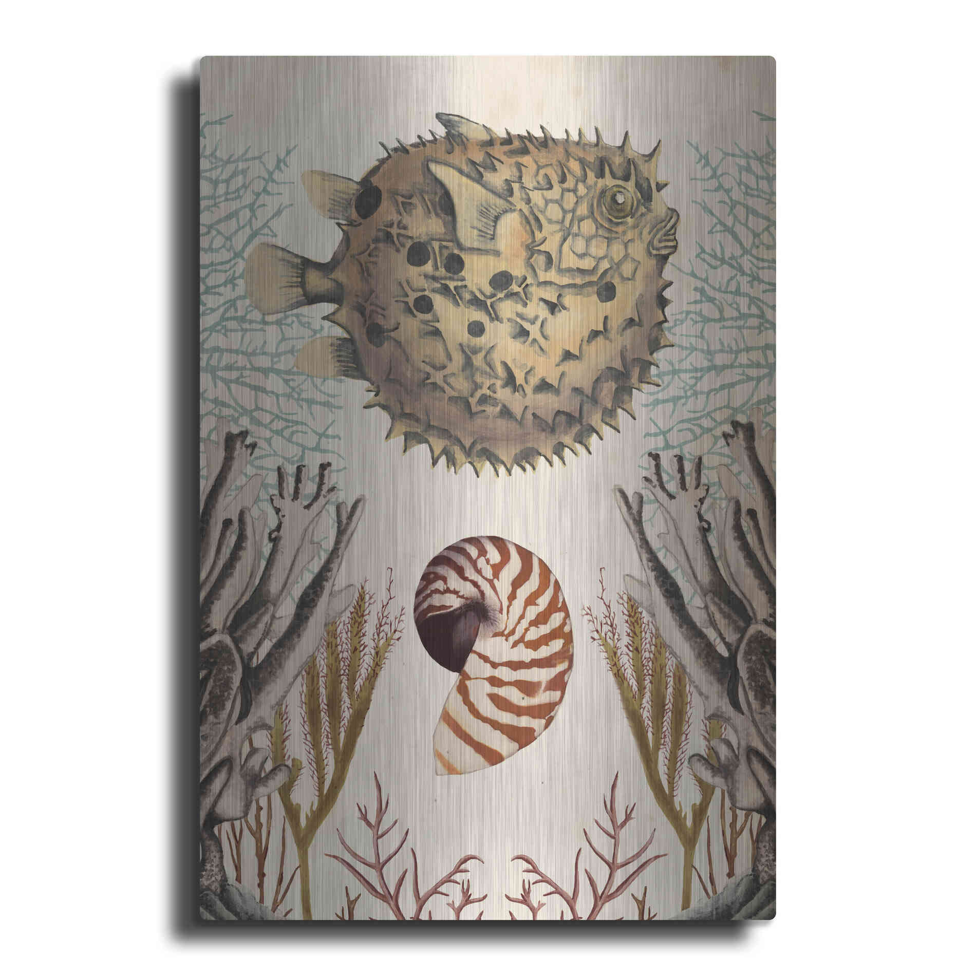 Luxe Metal Art 'Antiquarian Menagerie-Puffer Fish' by Naomi McCavitt, Metal Wall Art