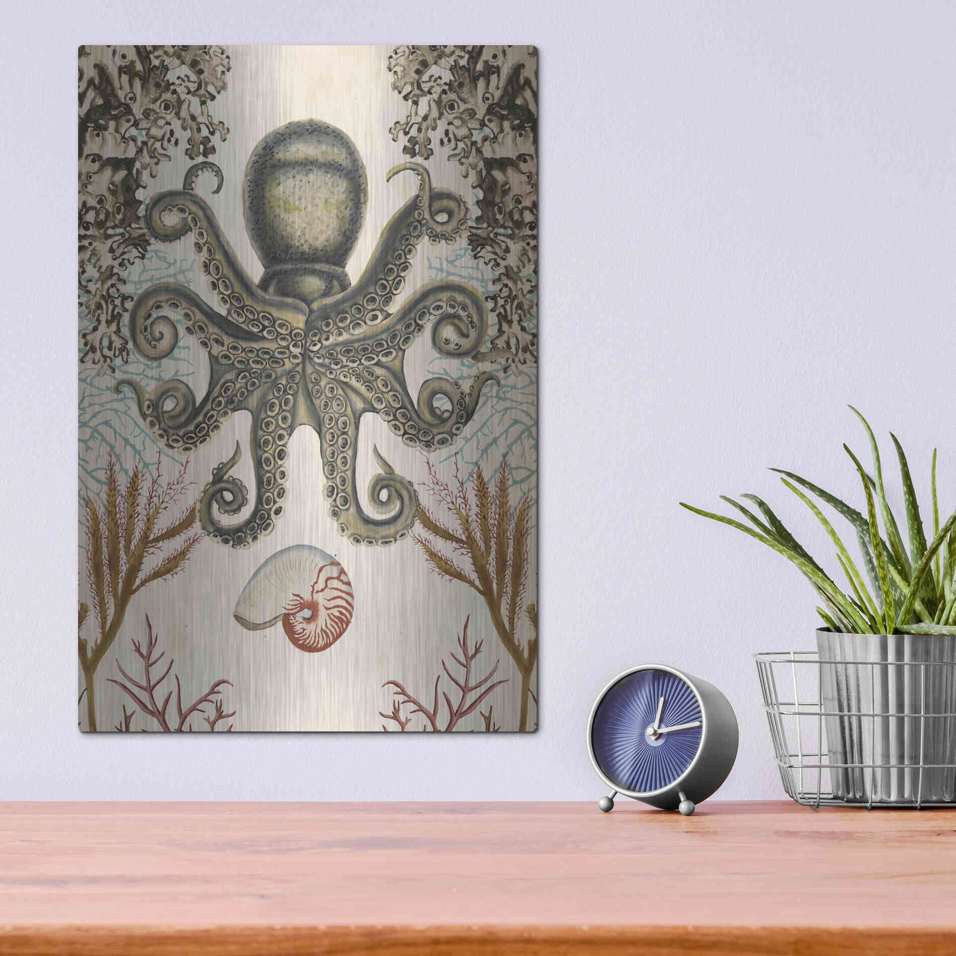 Luxe Metal Art 'Antiquarian Menagerie-Octopus' by Naomi McCavitt, Metal Wall Art,12x16