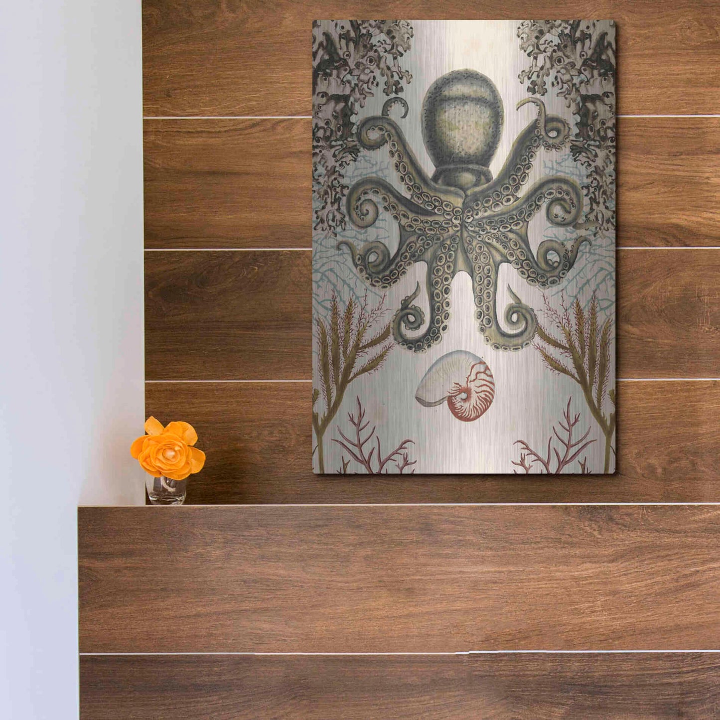 Luxe Metal Art 'Antiquarian Menagerie-Octopus' by Naomi McCavitt, Metal Wall Art,12x16