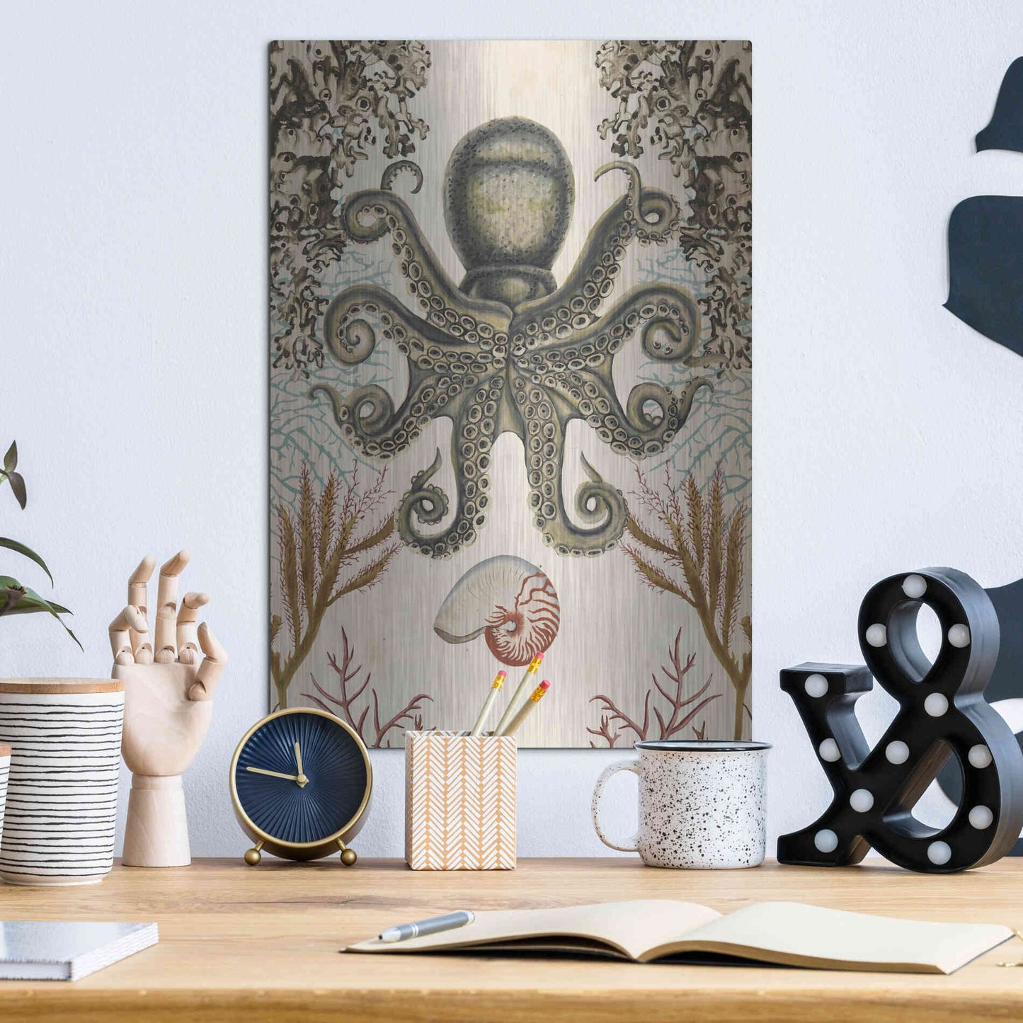 Luxe Metal Art 'Antiquarian Menagerie-Octopus' by Naomi McCavitt, Metal Wall Art,12x16