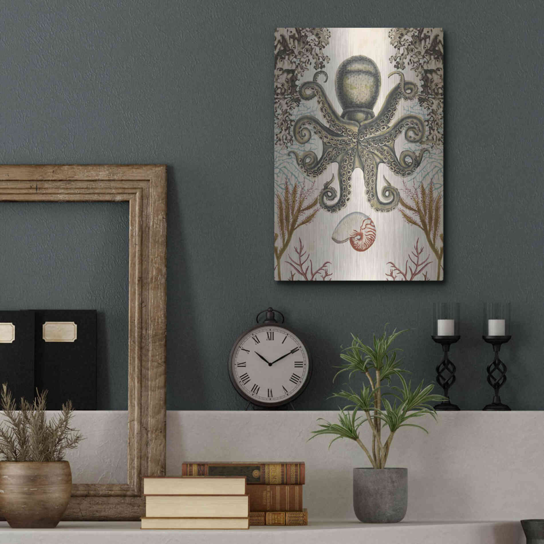 Luxe Metal Art 'Antiquarian Menagerie-Octopus' by Naomi McCavitt, Metal Wall Art,12x16