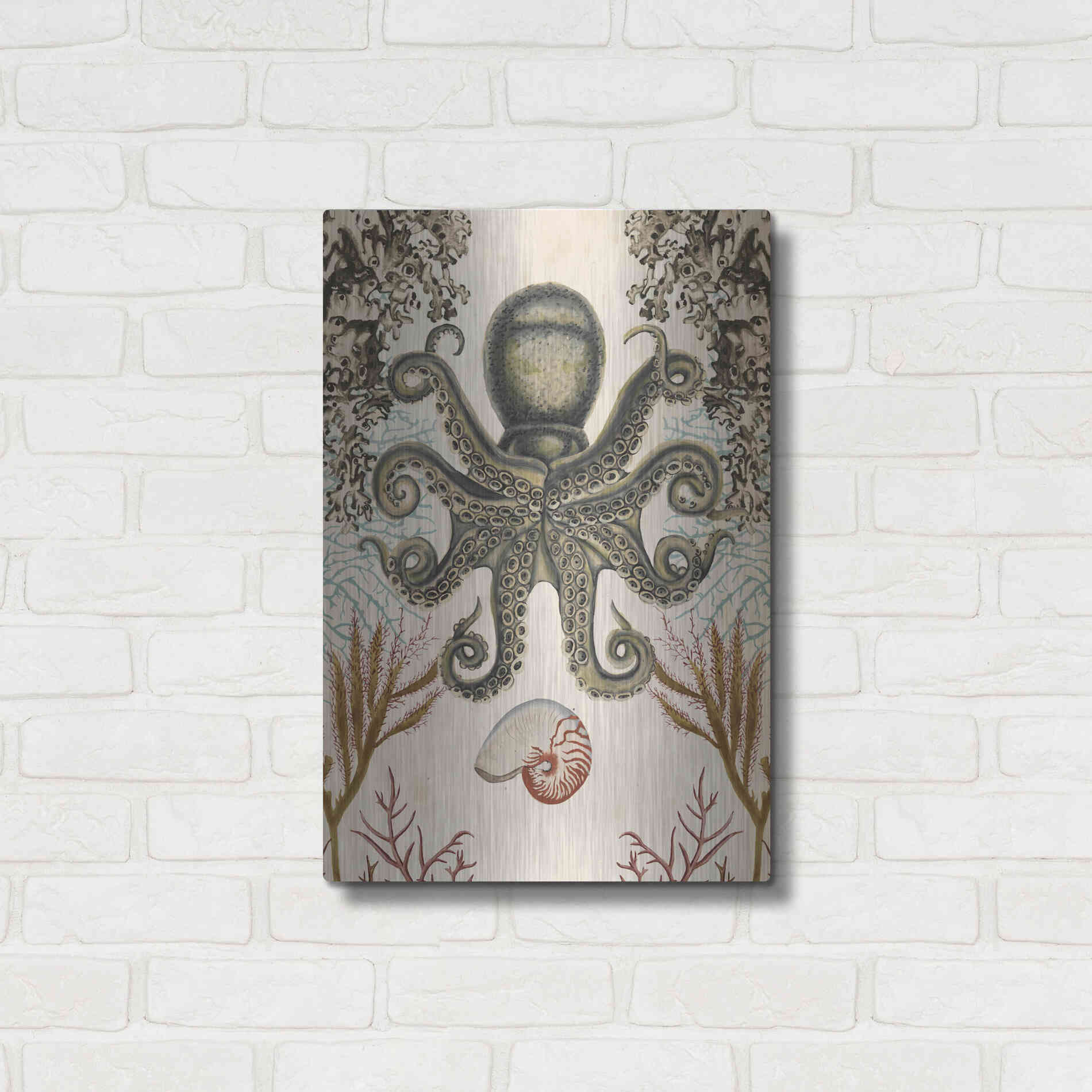 Luxe Metal Art 'Antiquarian Menagerie-Octopus' by Naomi McCavitt, Metal Wall Art,16x24