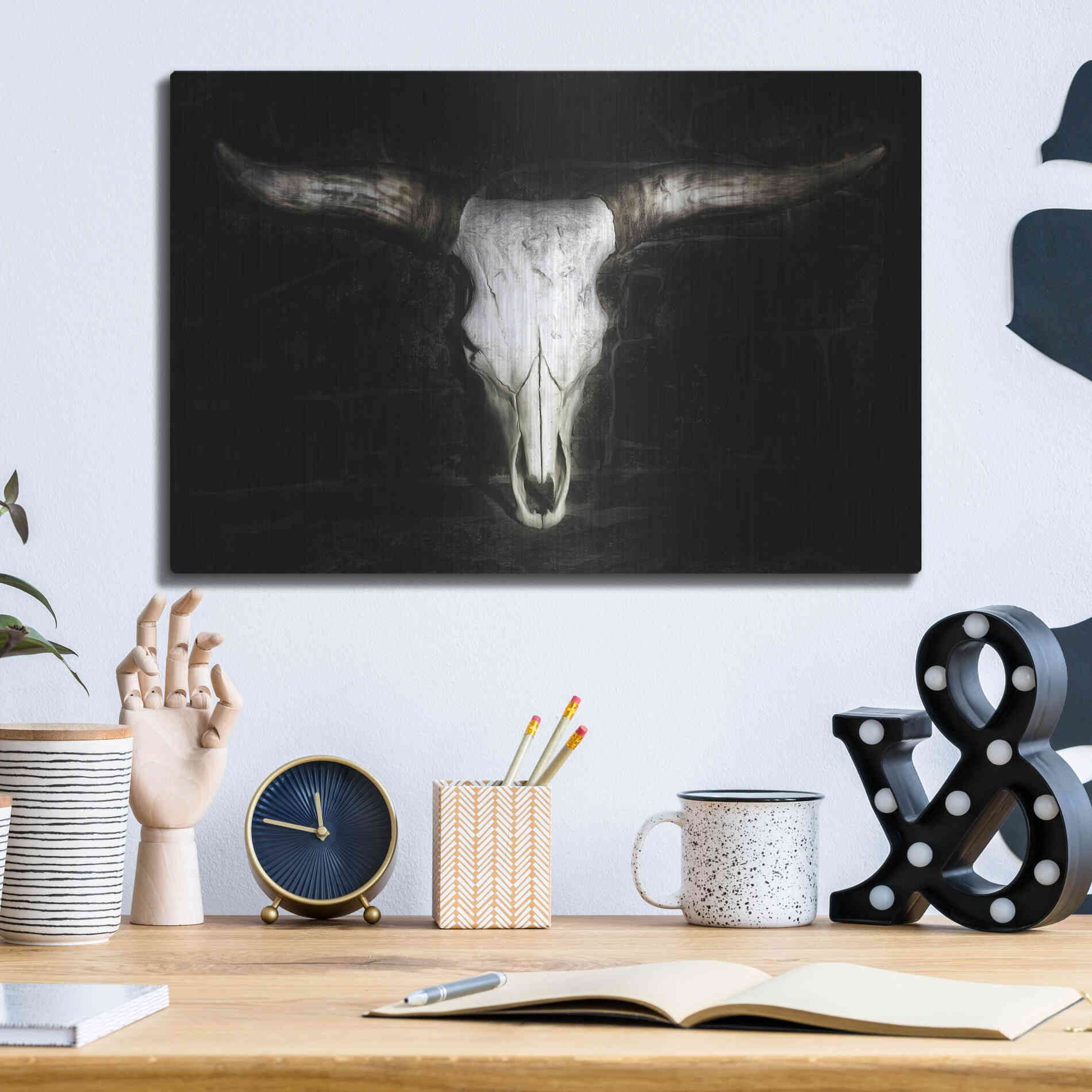 Luxe Metal Art 'Cow Skull' by PH Burchett, Metal Wall Art,16x12
