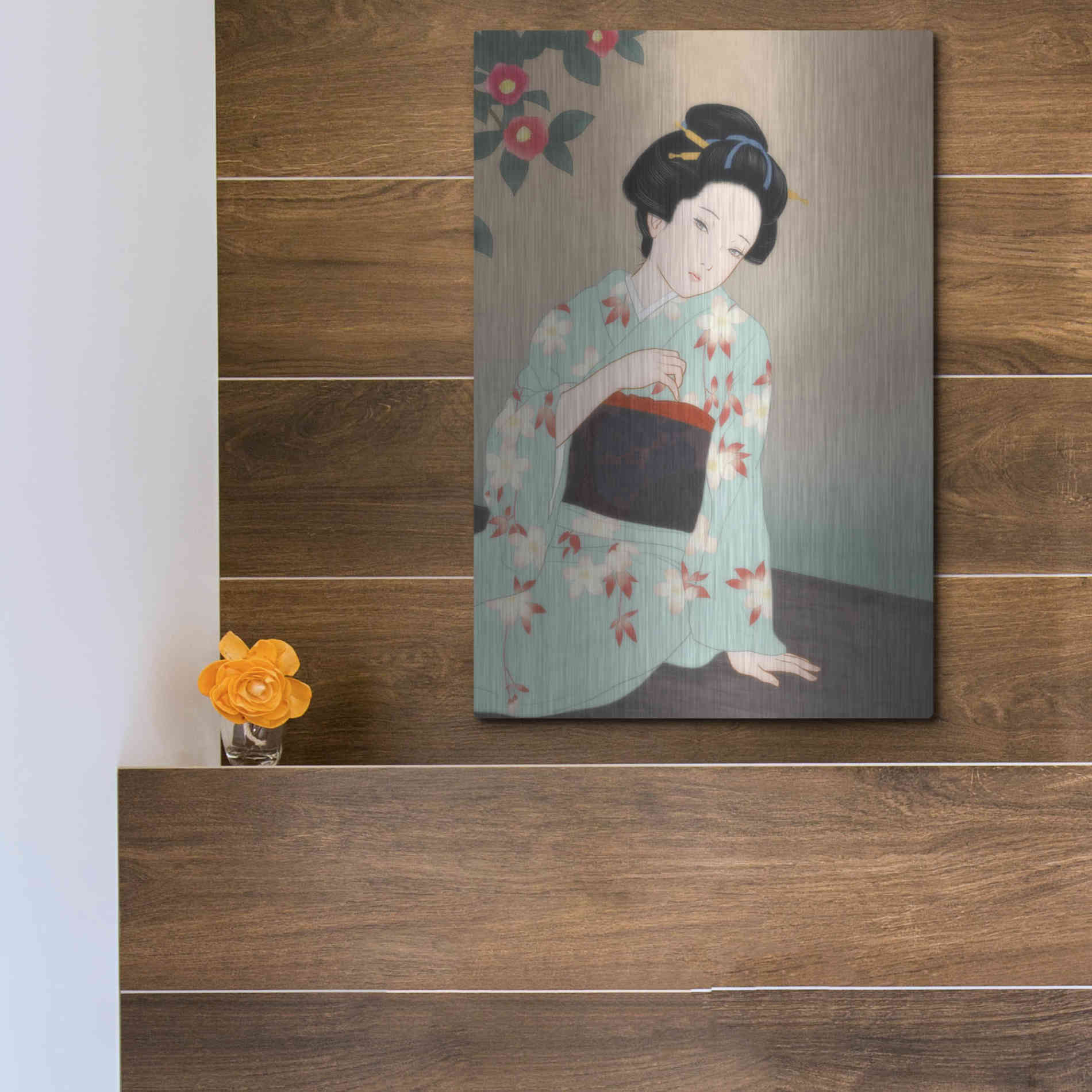 Luxe Metal Art 'Tsubaki' by Sai Tamiya, Metal Wall Art,12x16