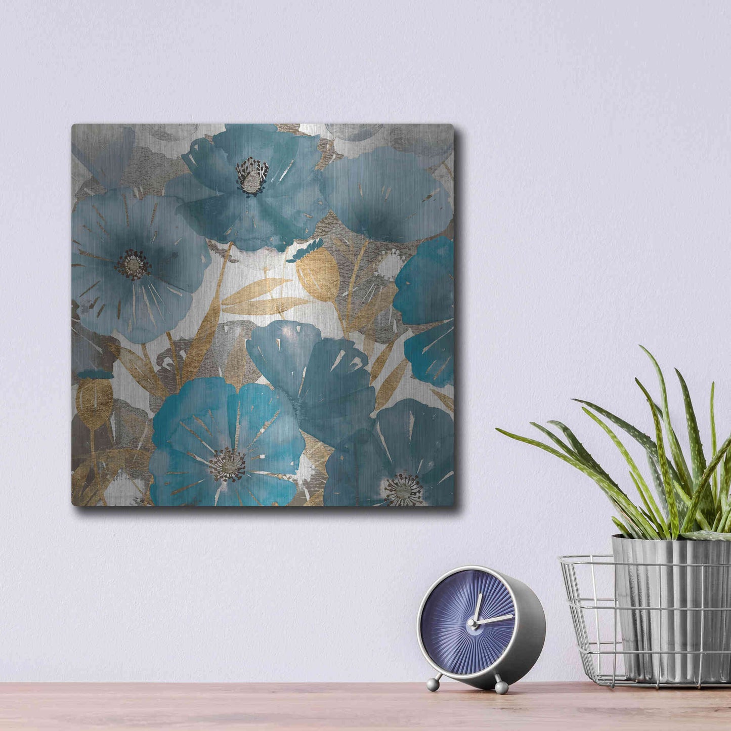 Luxe Metal Art 'Blue and Gold Poppies I' by Studio W, Metal Wall Art,12x12