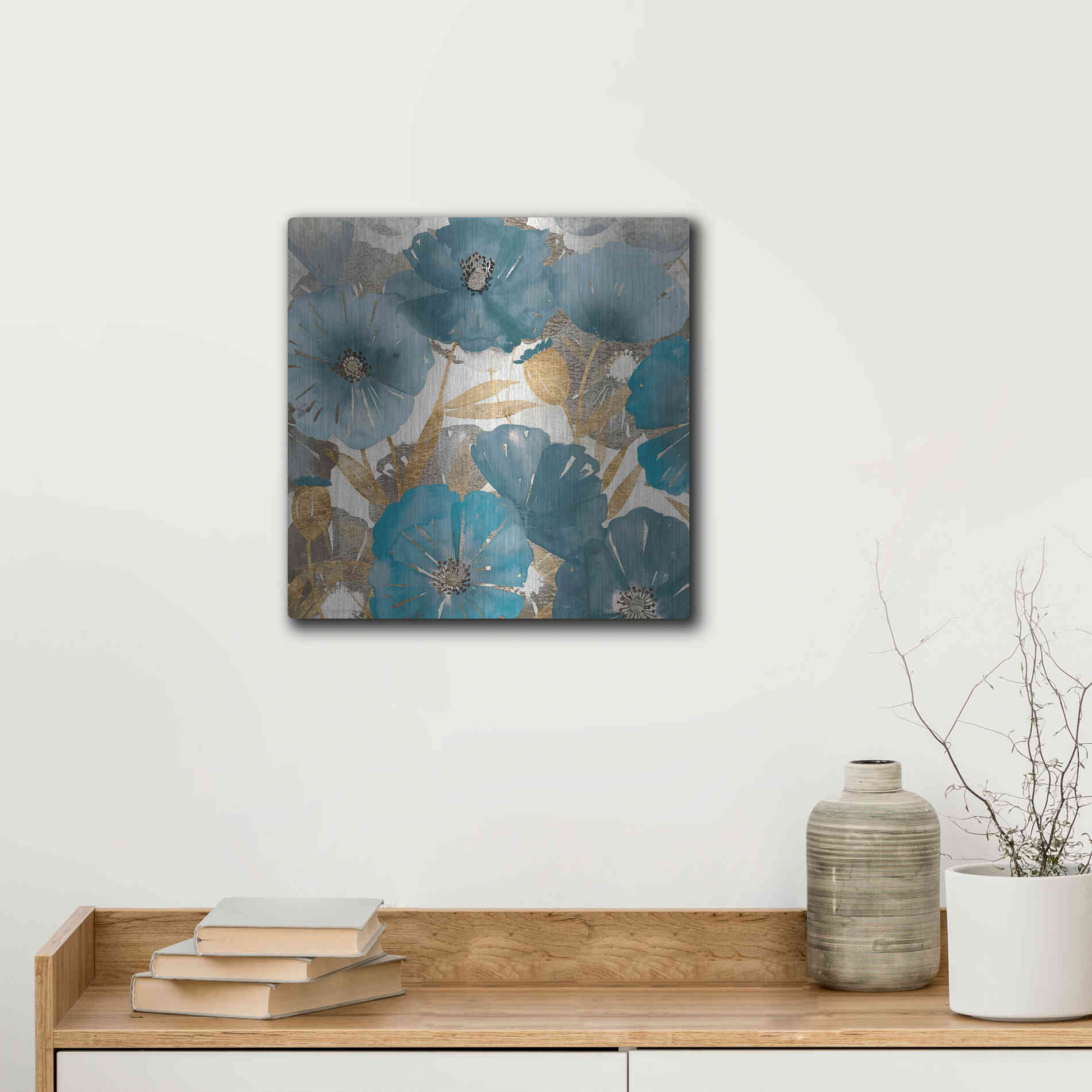 Luxe Metal Art 'Blue and Gold Poppies I' by Studio W, Metal Wall Art,12x12