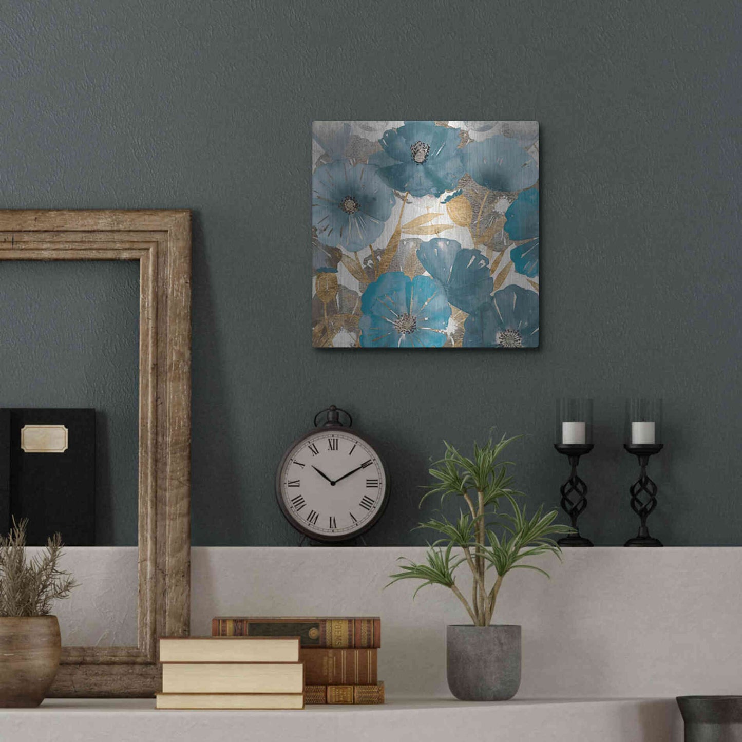 Luxe Metal Art 'Blue and Gold Poppies I' by Studio W, Metal Wall Art,12x12