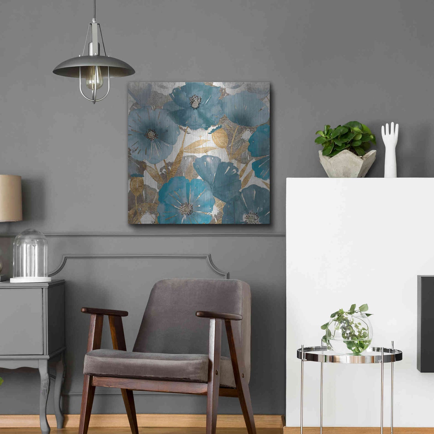 Luxe Metal Art 'Blue and Gold Poppies I' by Studio W, Metal Wall Art,24x24