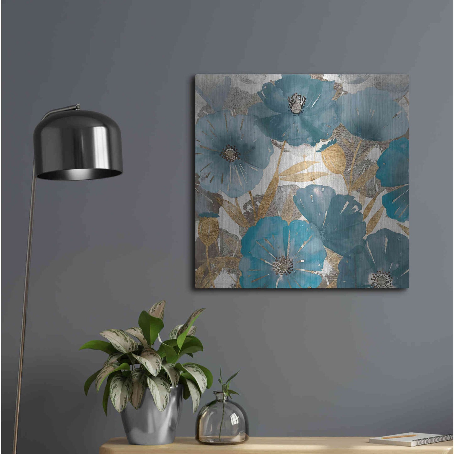 Luxe Metal Art 'Blue and Gold Poppies I' by Studio W, Metal Wall Art,24x24