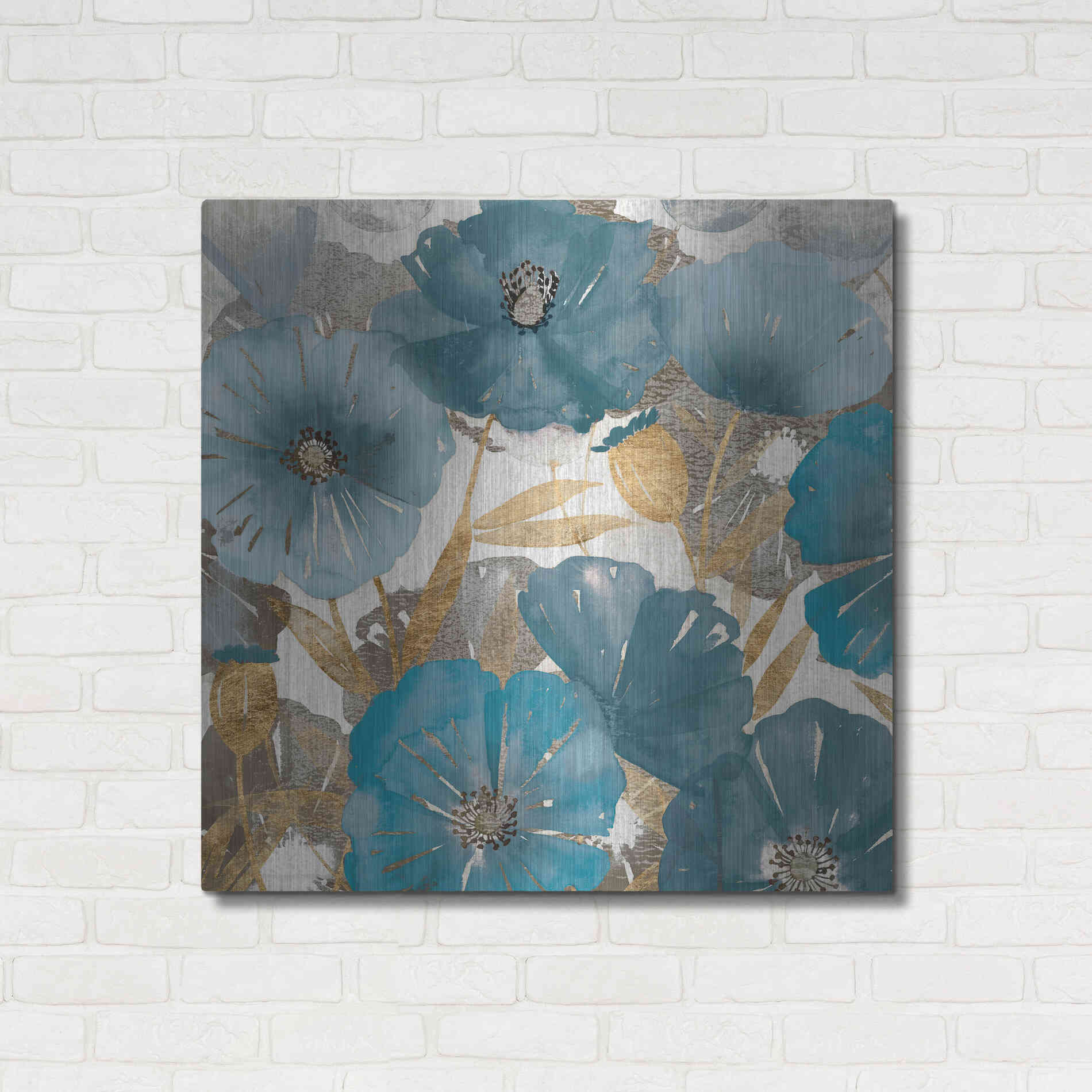 Luxe Metal Art 'Blue and Gold Poppies I' by Studio W, Metal Wall Art,36x36