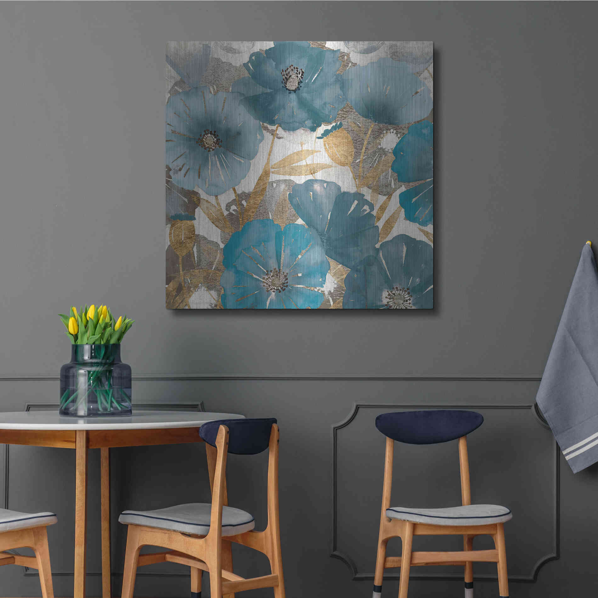 Luxe Metal Art 'Blue and Gold Poppies I' by Studio W, Metal Wall Art,36x36