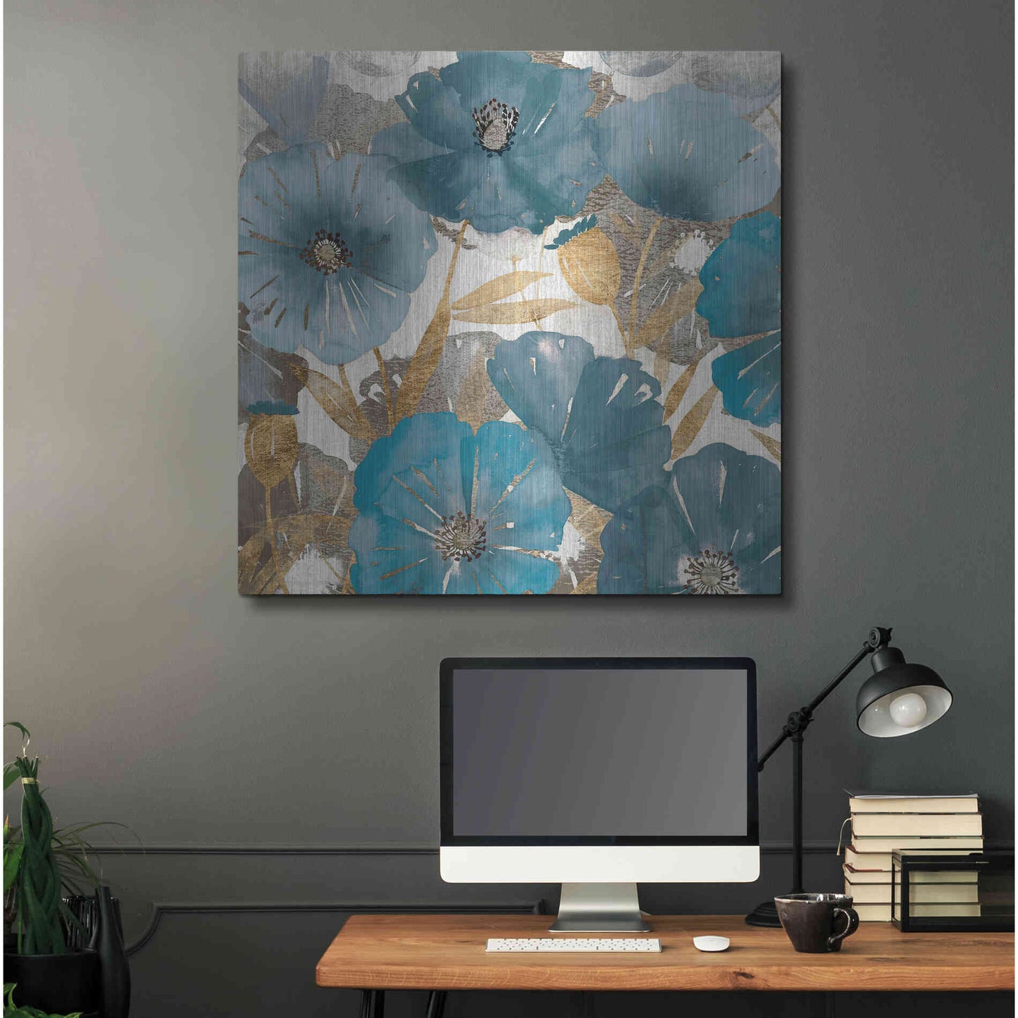 Luxe Metal Art 'Blue and Gold Poppies I' by Studio W, Metal Wall Art,36x36