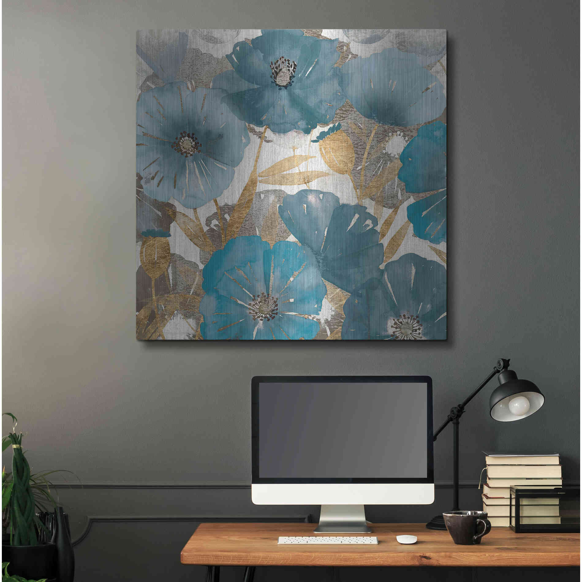 Luxe Metal Art 'Blue and Gold Poppies I' by Studio W, Metal Wall Art,36x36