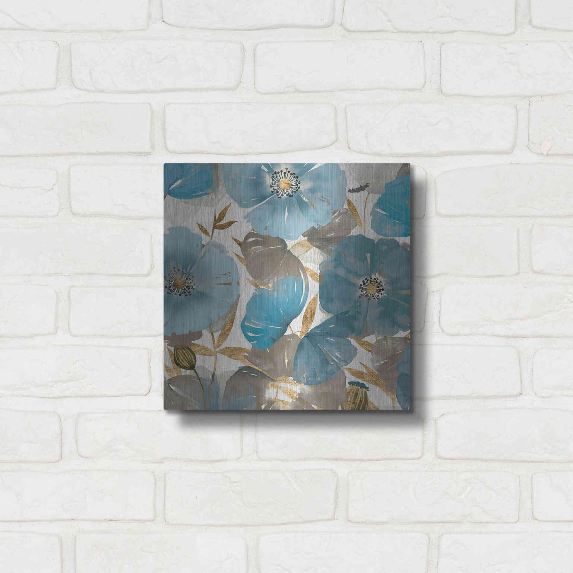 Luxe Metal Art 'Blue and Gold Poppies II' by Studio W, Metal Wall Art,12x12