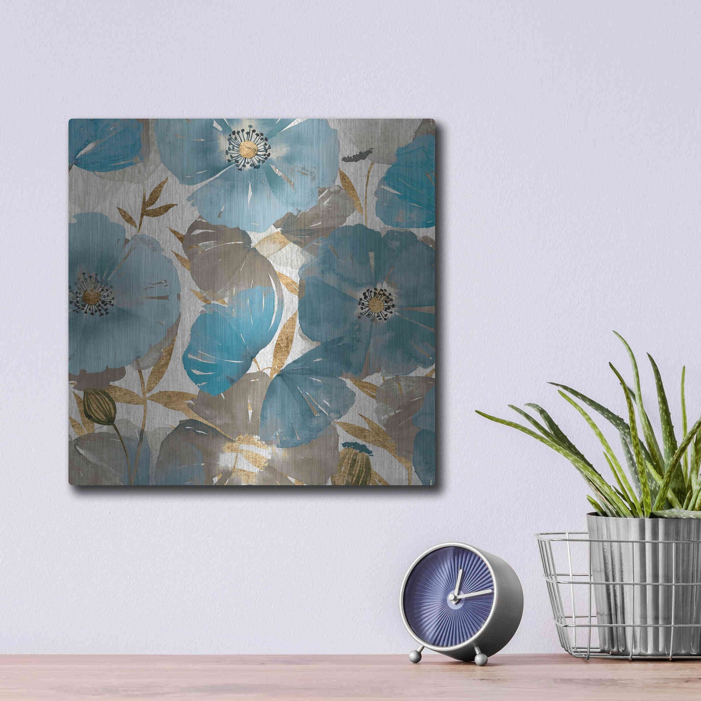 Luxe Metal Art 'Blue and Gold Poppies II' by Studio W, Metal Wall Art,12x12