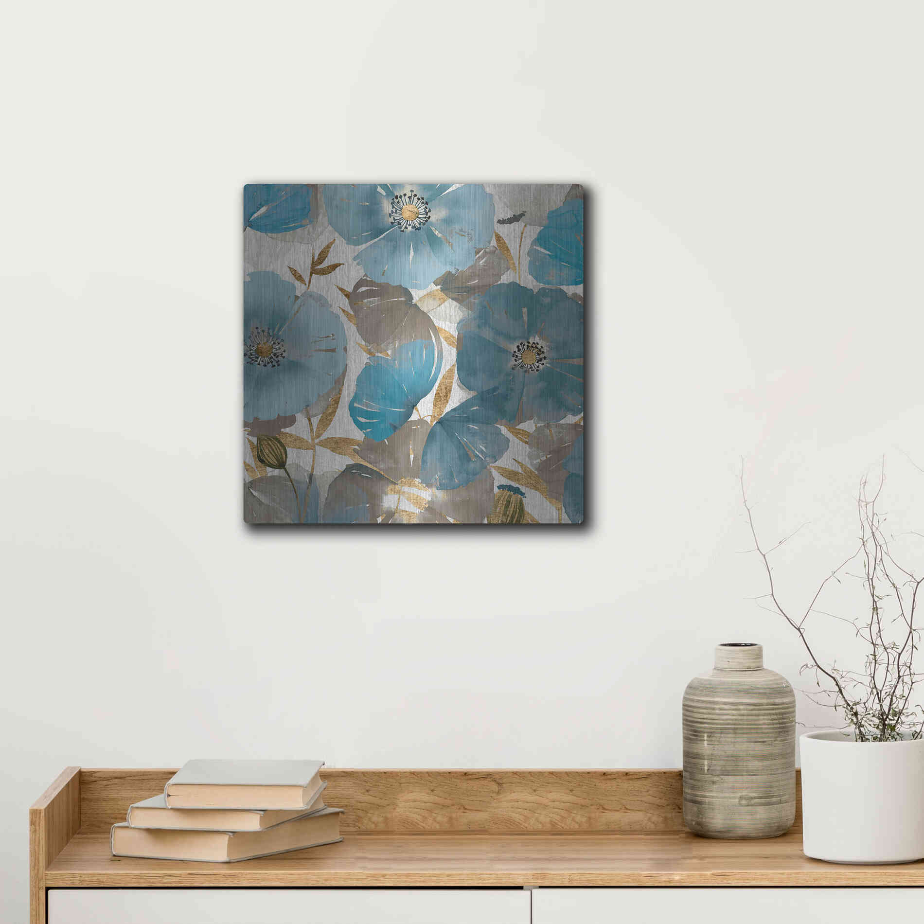 Luxe Metal Art 'Blue and Gold Poppies II' by Studio W, Metal Wall Art,12x12