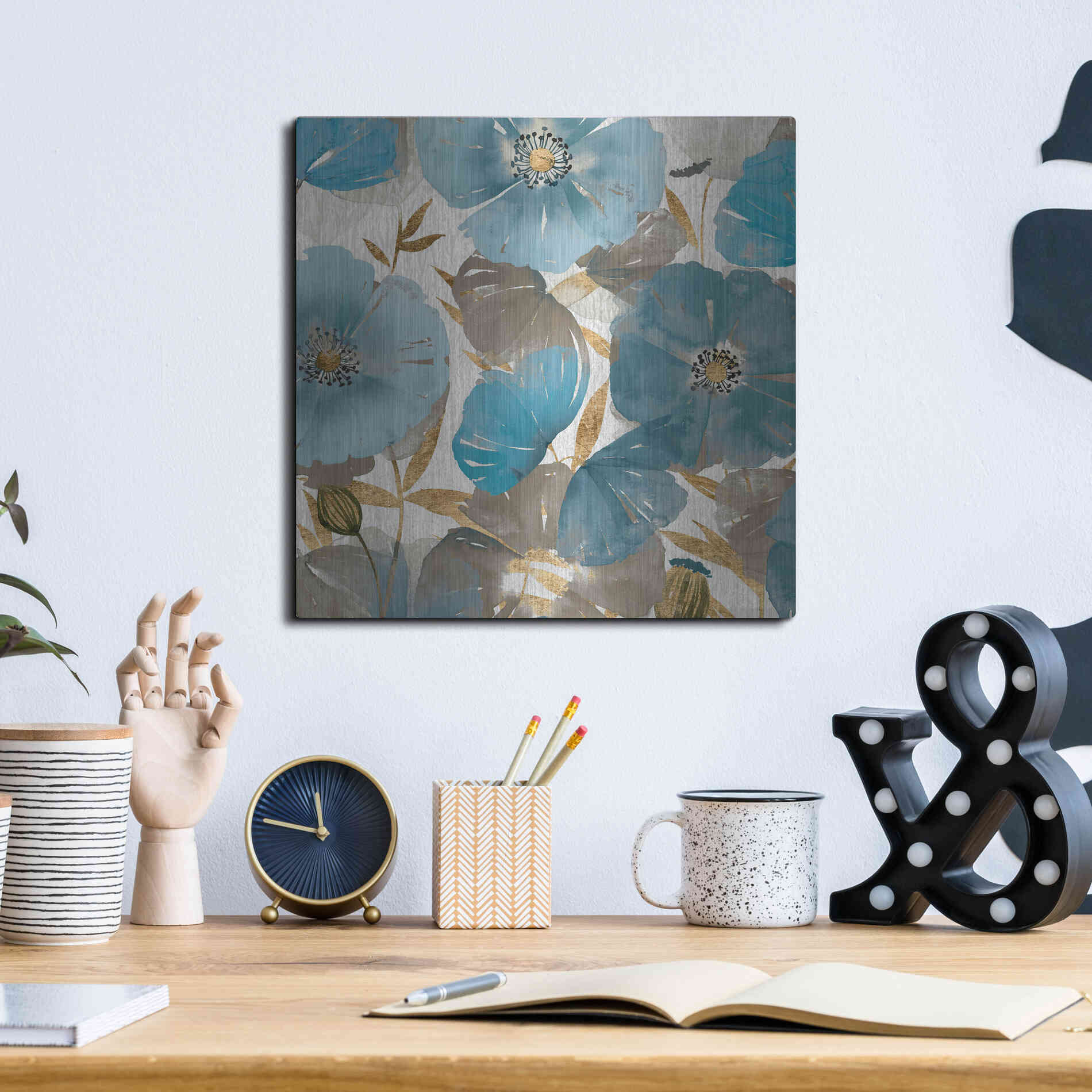 Luxe Metal Art 'Blue and Gold Poppies II' by Studio W, Metal Wall Art,12x12