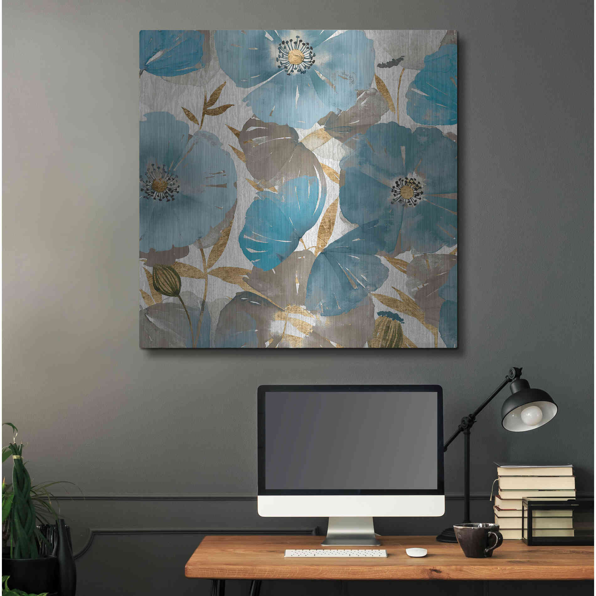 Luxe Metal Art 'Blue and Gold Poppies II' by Studio W, Metal Wall Art,36x36