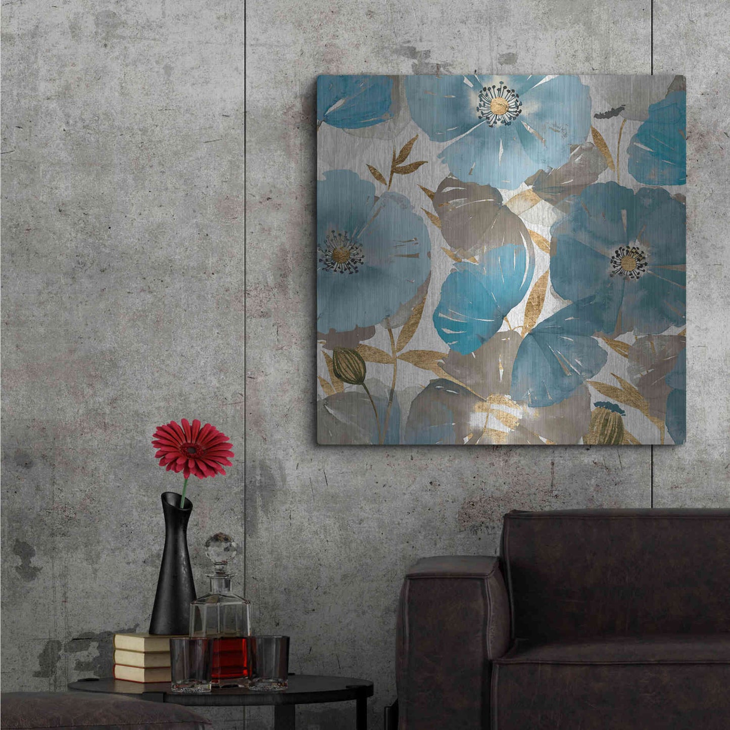 Luxe Metal Art 'Blue and Gold Poppies II' by Studio W, Metal Wall Art,36x36