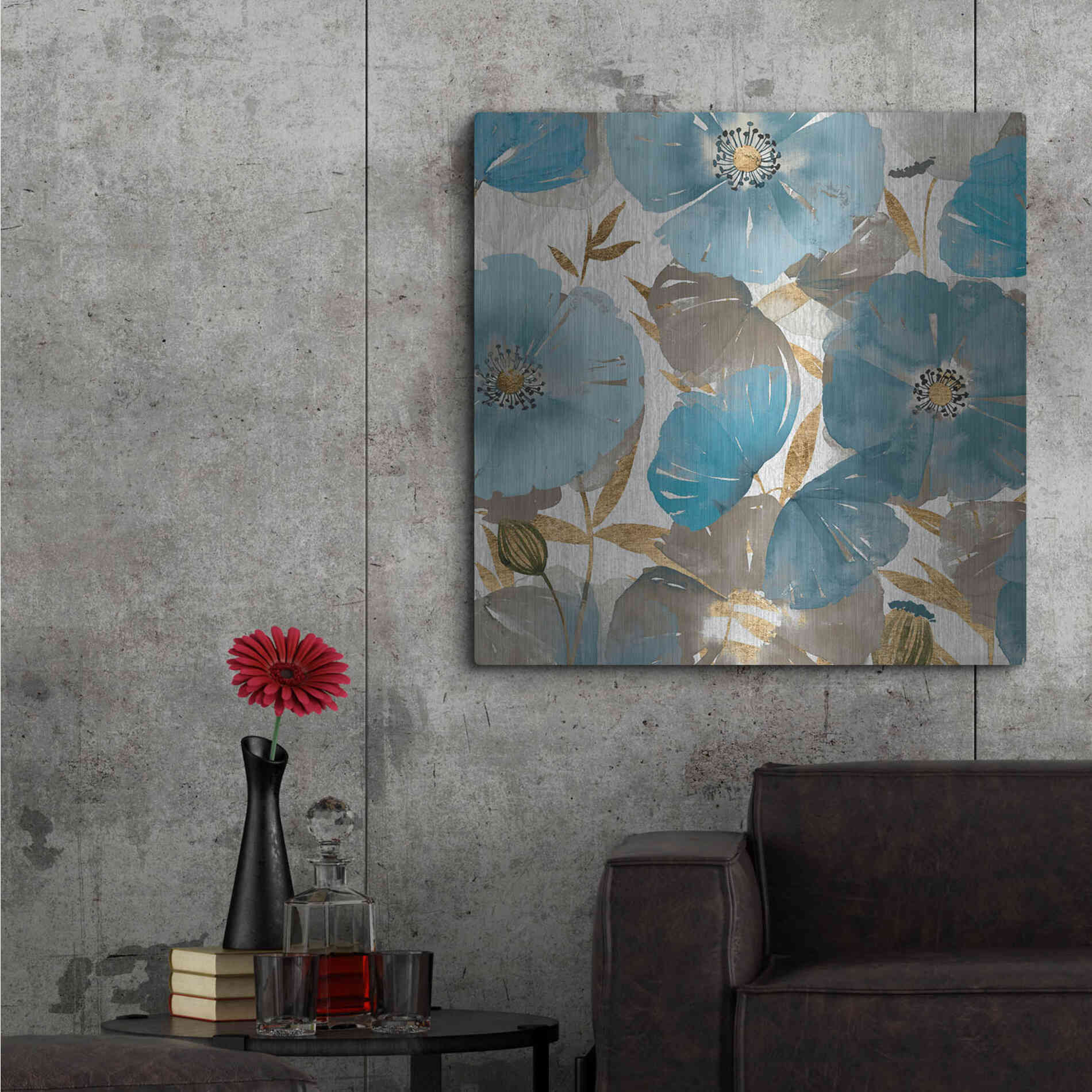 Luxe Metal Art 'Blue and Gold Poppies II' by Studio W, Metal Wall Art,36x36
