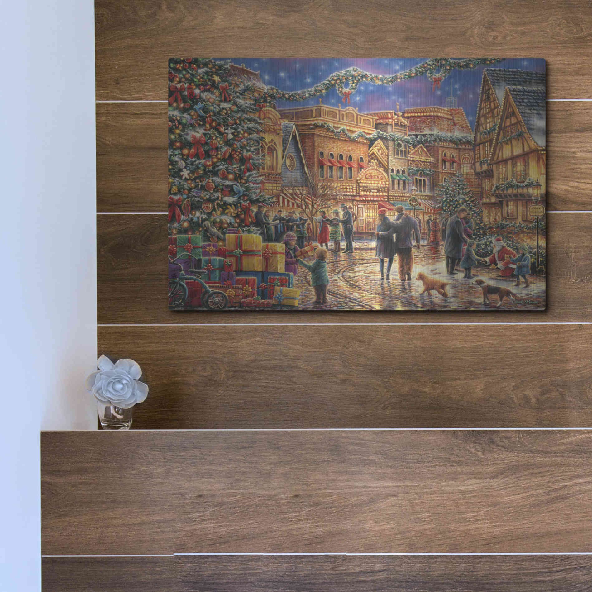 Luxe Metal Art 'Christmas at Town Square' by Chuck Pinson, Metal Wall Art,16x12