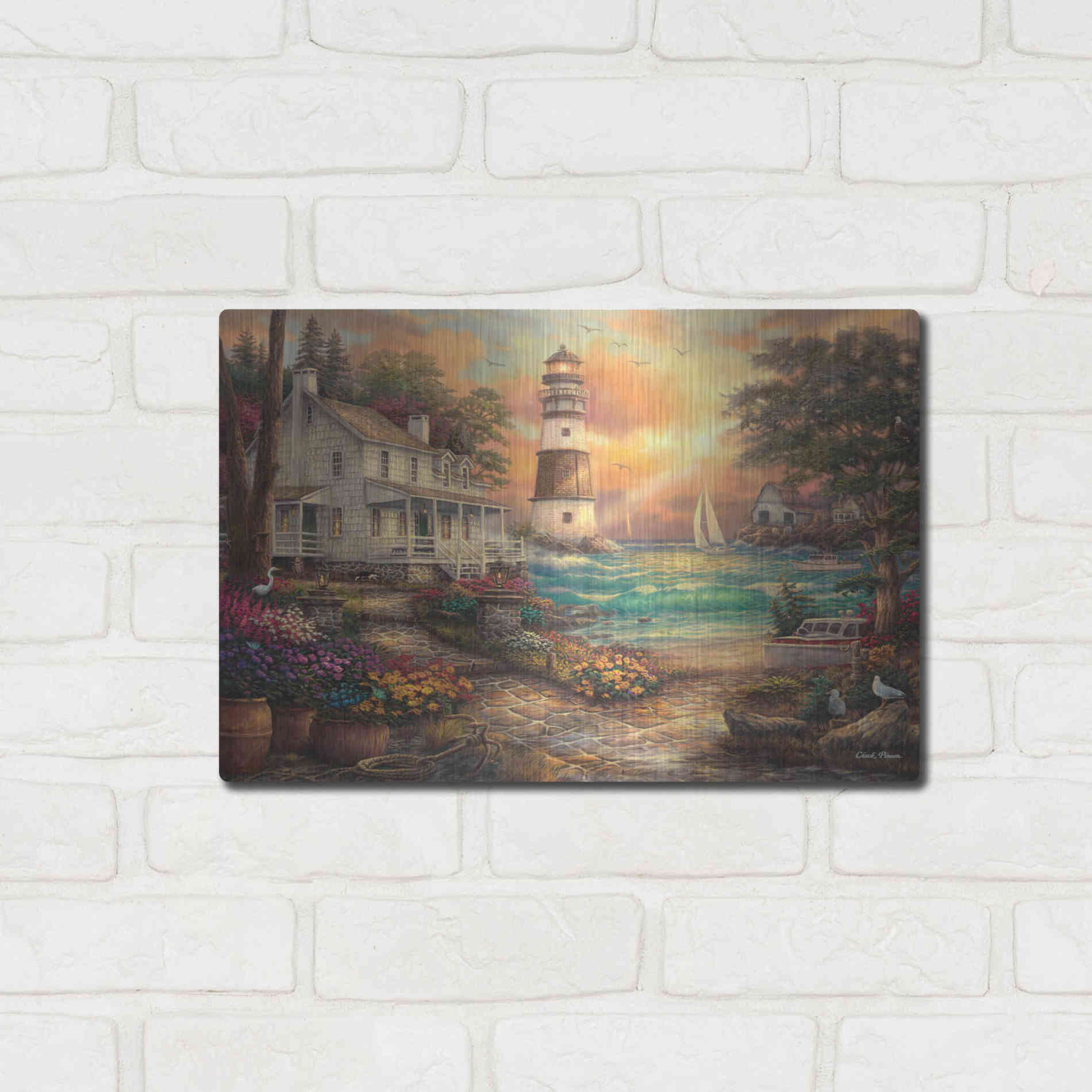 Luxe Metal Art 'Cottage' by the Sea' by Chuck Pinson, Metal Wall Art,16x12