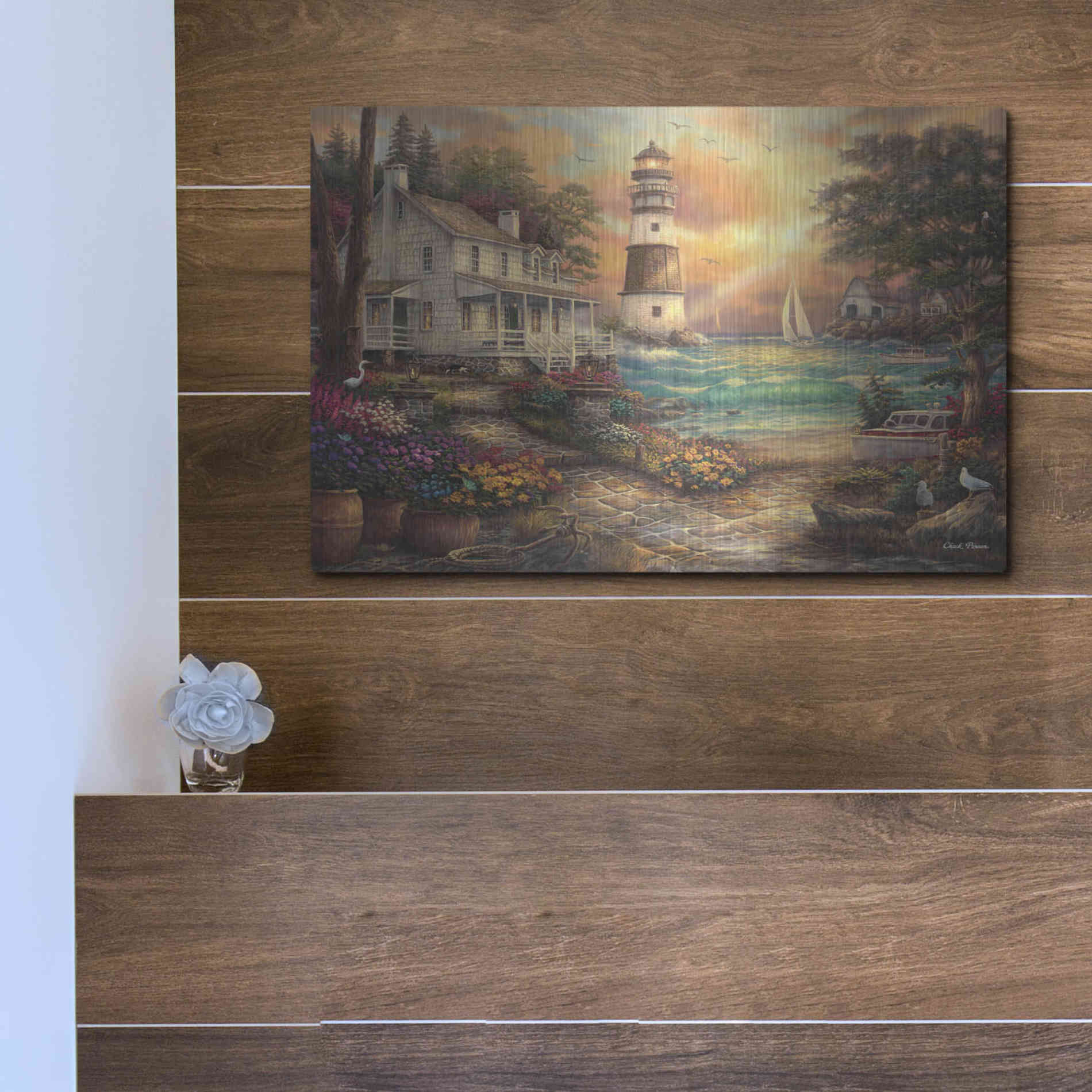 Luxe Metal Art 'Cottage' by the Sea' by Chuck Pinson, Metal Wall Art,16x12