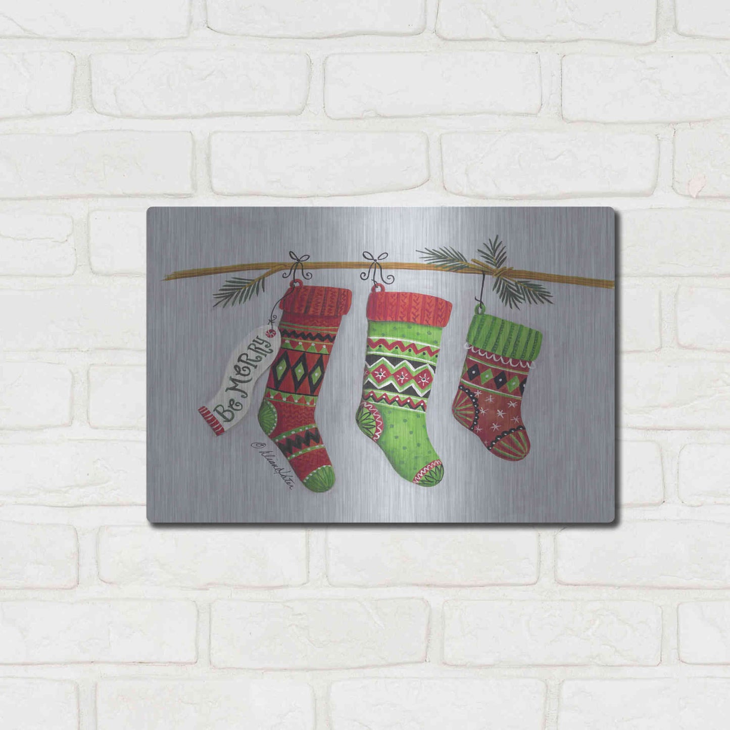 Luxe Metal Art 'Be Merry Stockings' by Diane Kater, Metal Wall Art,16x12