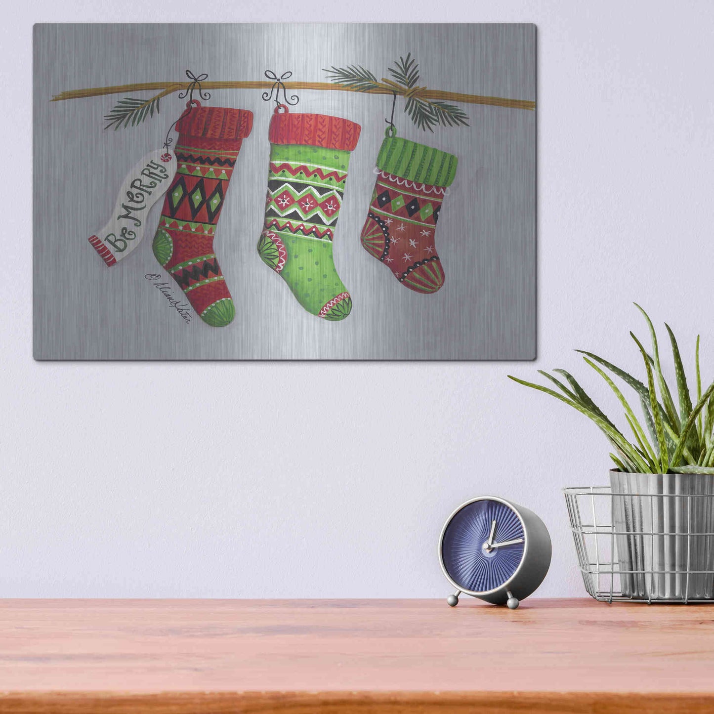 Luxe Metal Art 'Be Merry Stockings' by Diane Kater, Metal Wall Art,16x12