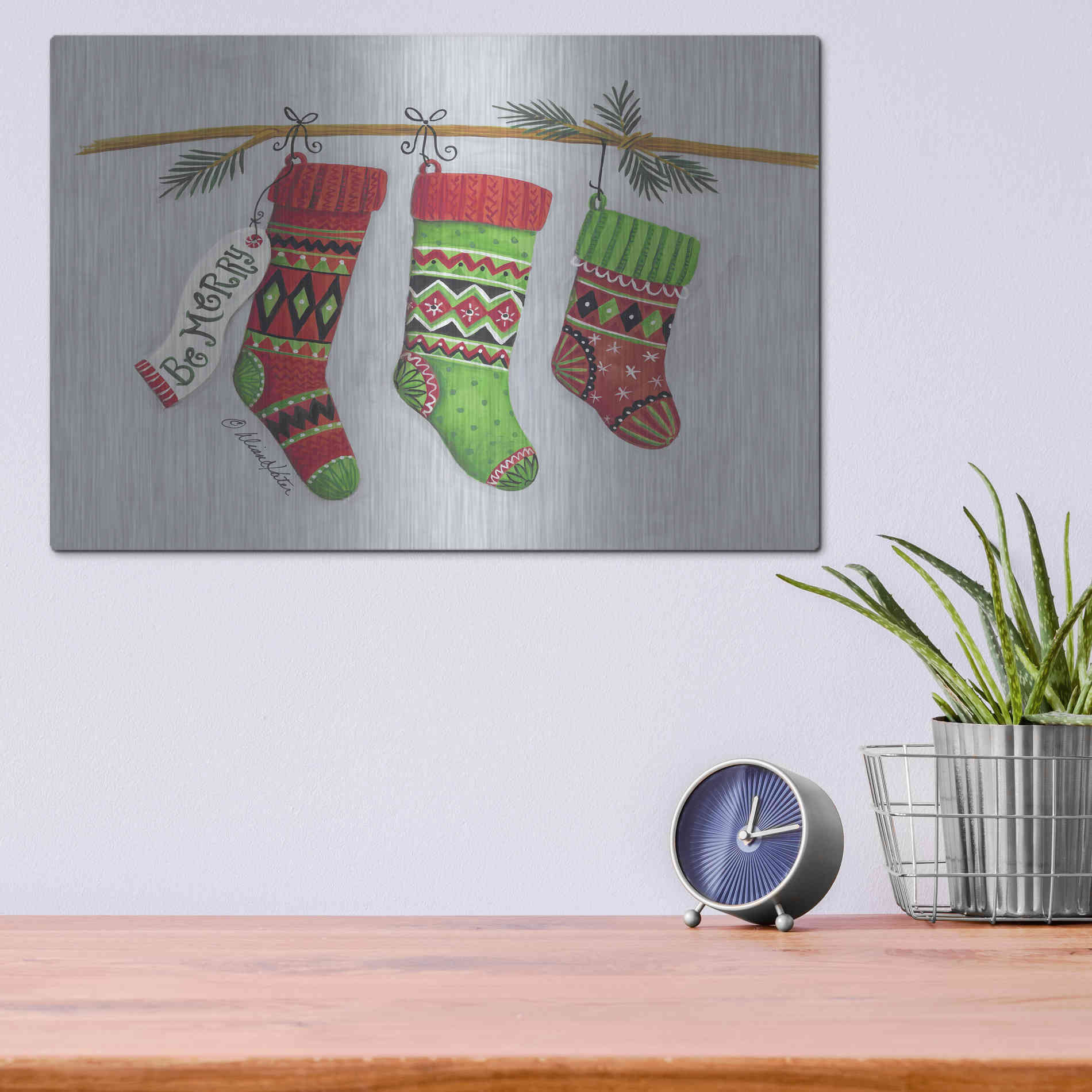 Luxe Metal Art 'Be Merry Stockings' by Diane Kater, Metal Wall Art,16x12