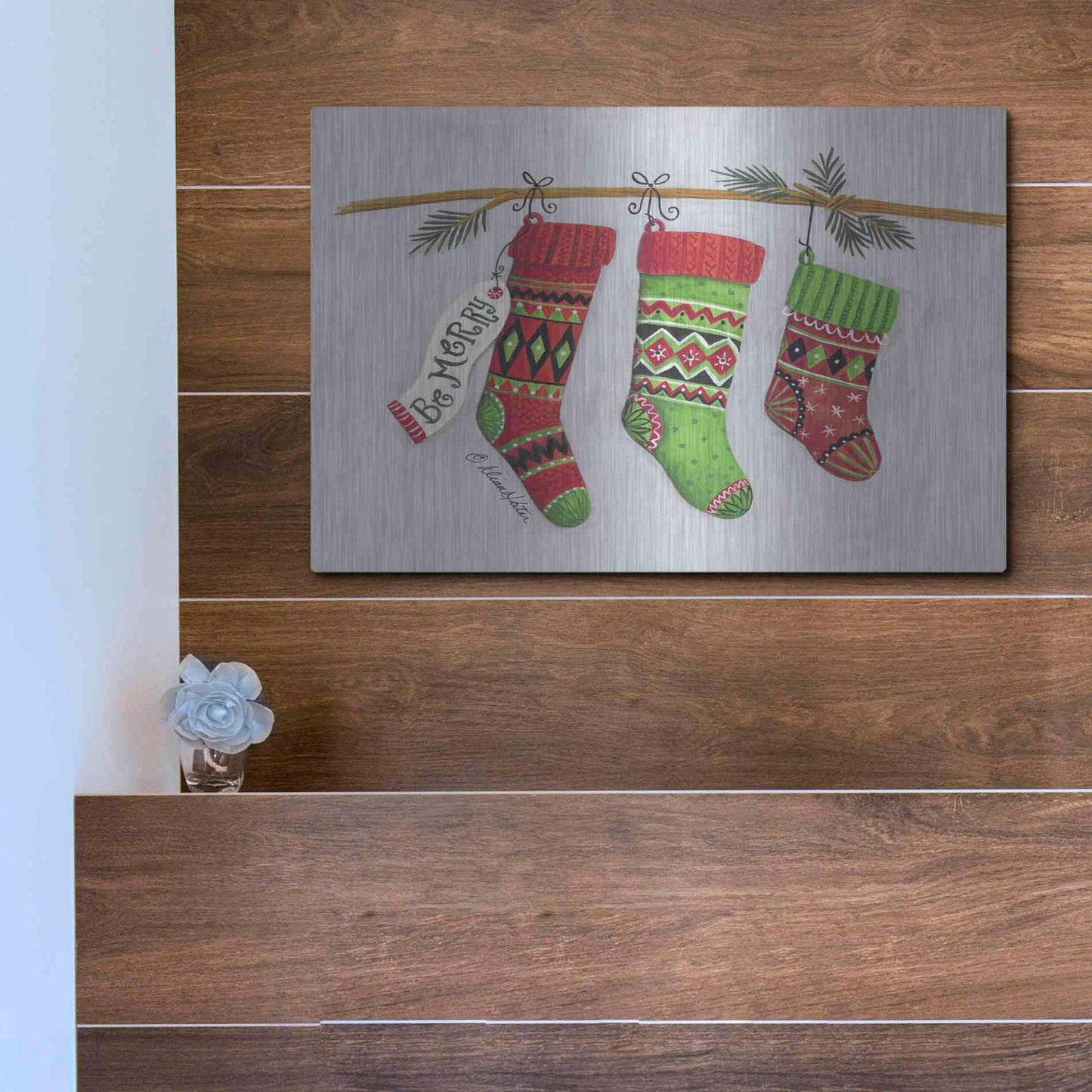 Luxe Metal Art 'Be Merry Stockings' by Diane Kater, Metal Wall Art,16x12