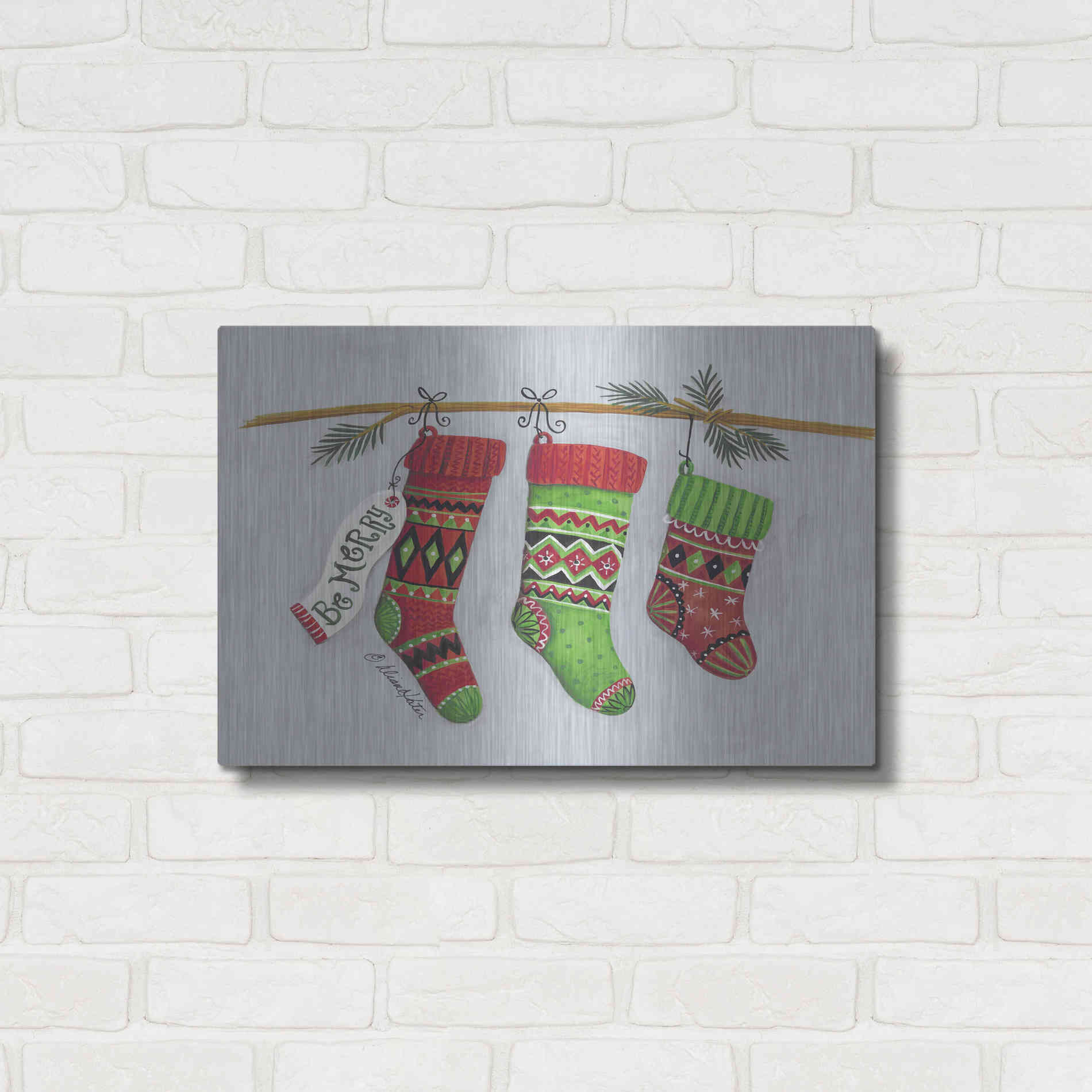 Luxe Metal Art 'Be Merry Stockings' by Diane Kater, Metal Wall Art,24x16